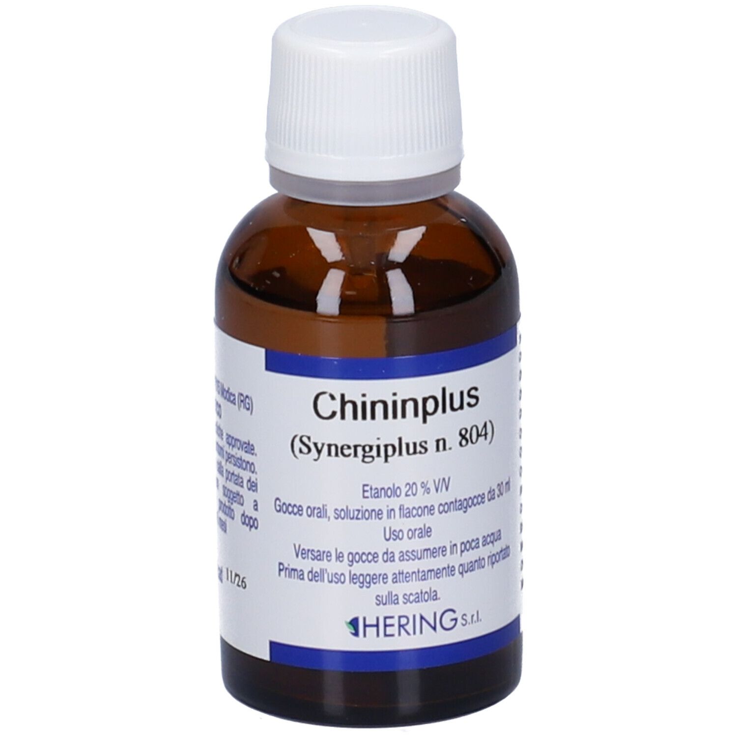 Flacone di vetro marrone con tappo bianco. Scritta "Chininplus (Synergiplus n. 804)". Etichetta con testo e ingredienti.