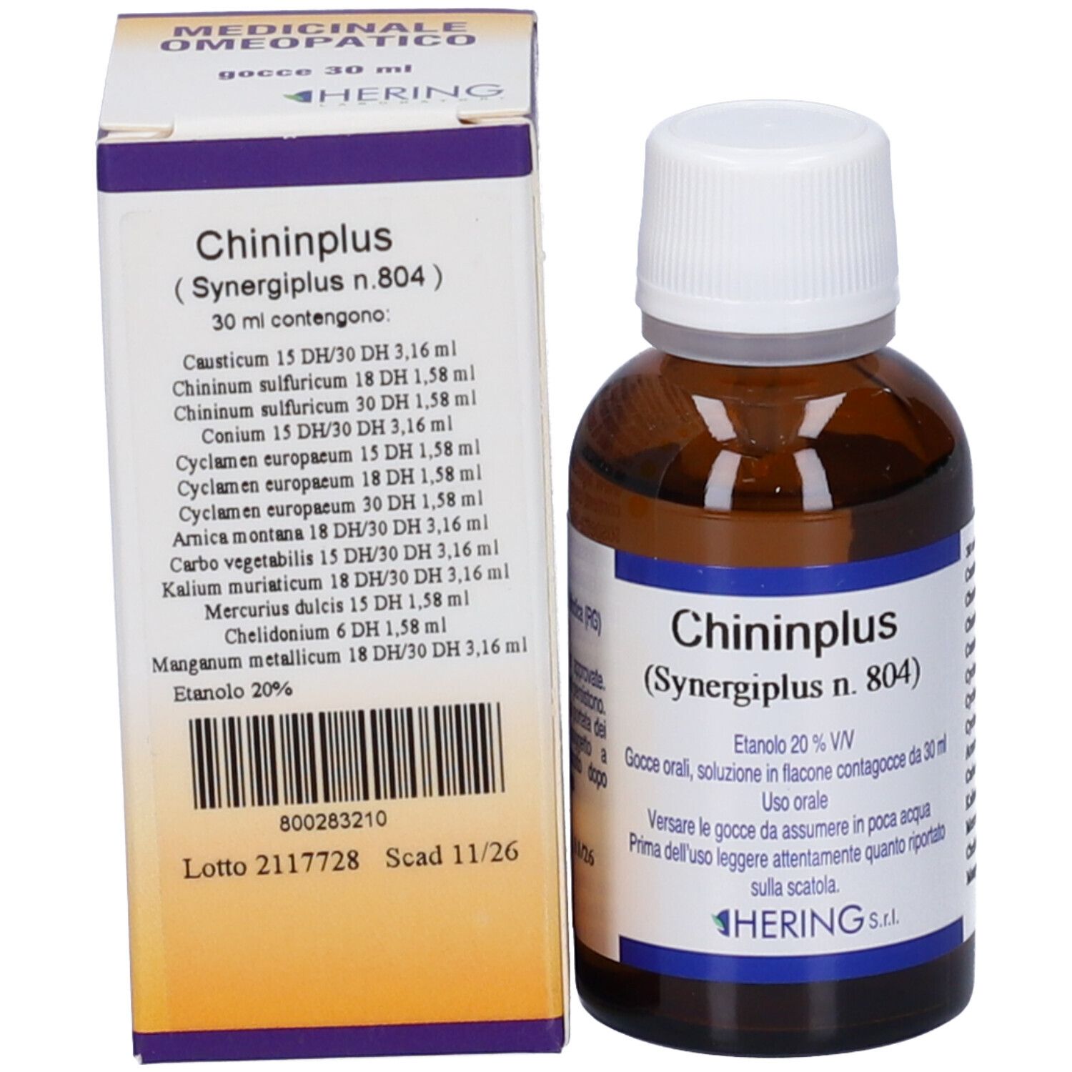 Confezione e flacone del prodotto. Sulla confezione "Chininplus (Synergiplus n.804)". Sul flacone "Chininplus".