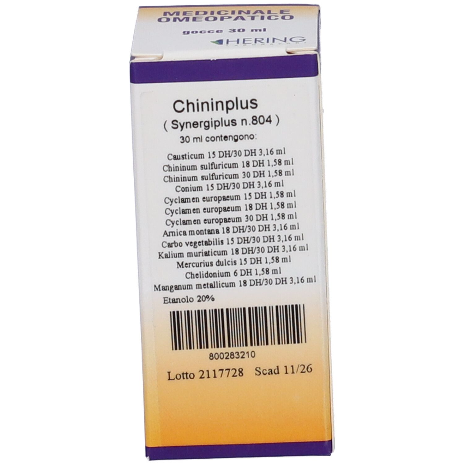 Confezione del prodotto. Sulla confezione "Chininplus (Synergiplus n.804)" e ingredienti. Con informazioni e logo.