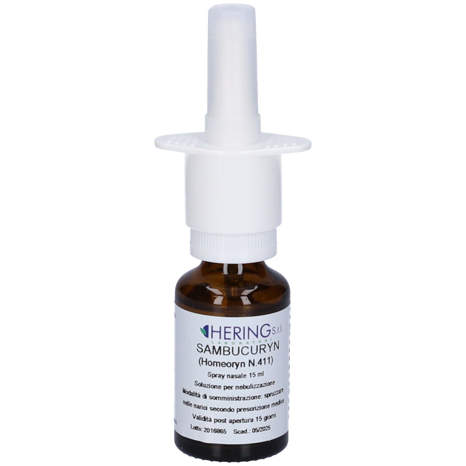 Flacone di vetro marrone con nebulizzatore bianco. Scritta: HERINGS. SAMBUCURYN (Homeoryn N 411).