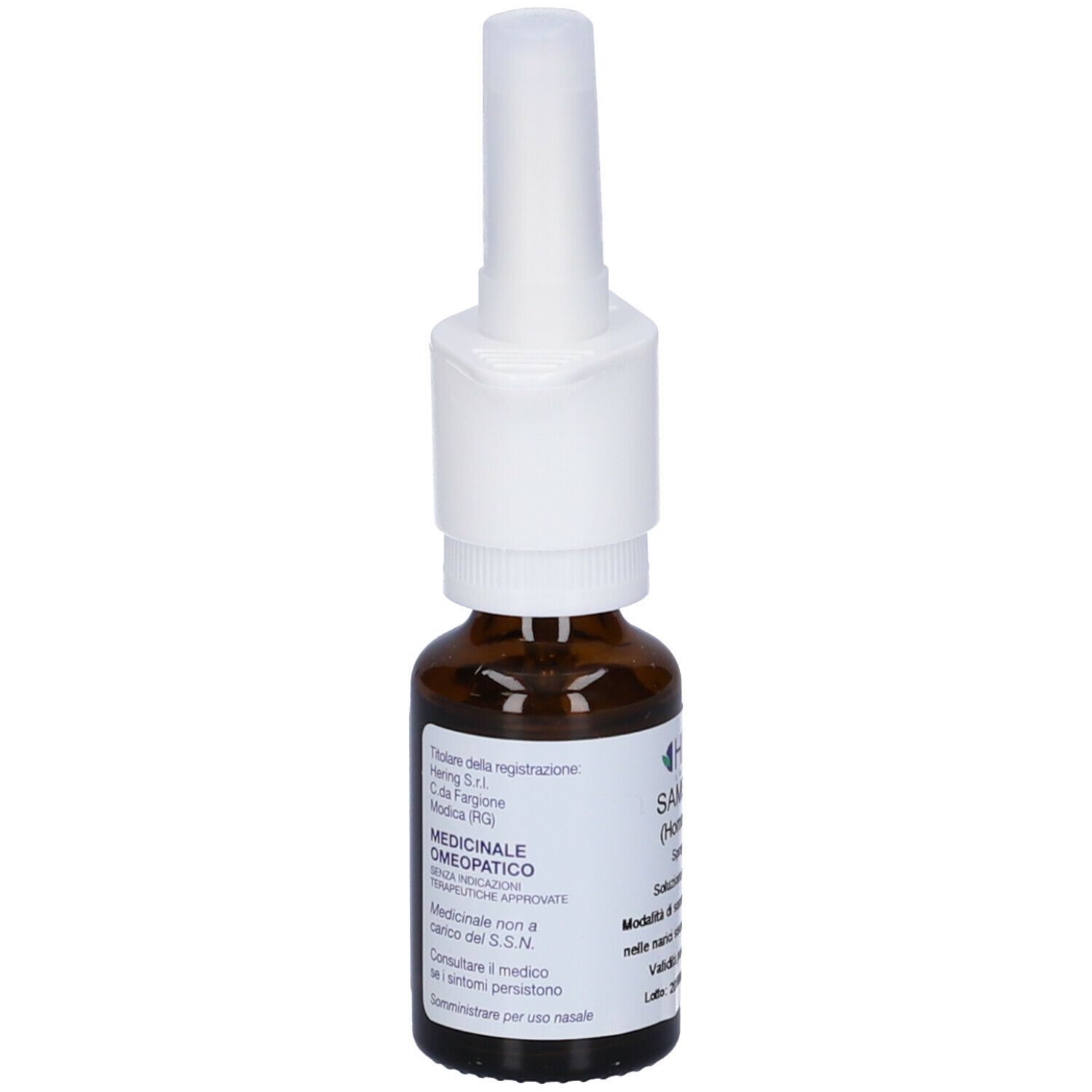 Flacone di vetro marrone con nebulizzatore bianco. Scritta: MEDICINALE, OMEOPATICO. Marchio: Hering.