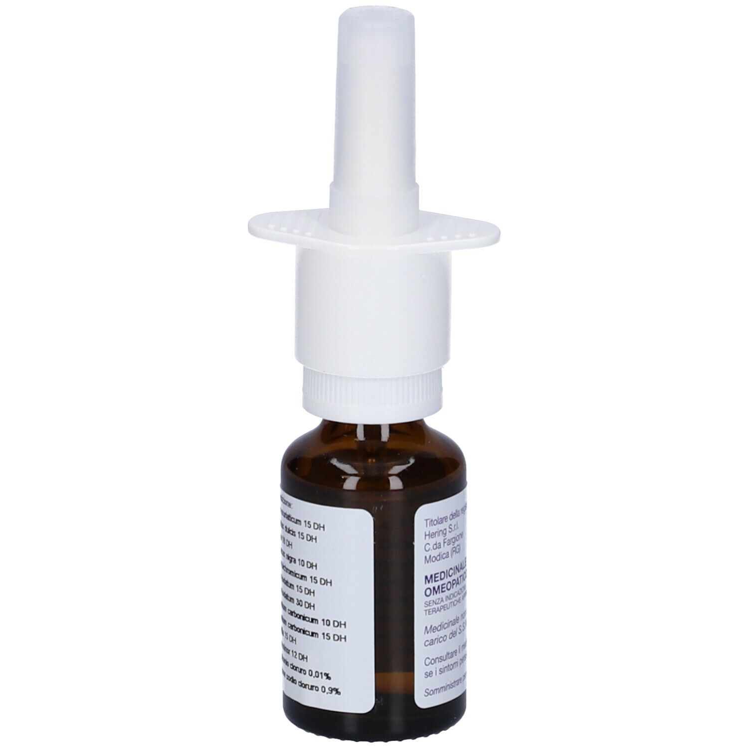 Flacone di vetro marrone con nebulizzatore bianco. Scritta: MEDICINALE OMEOPATICO. Marchio: Hering.
