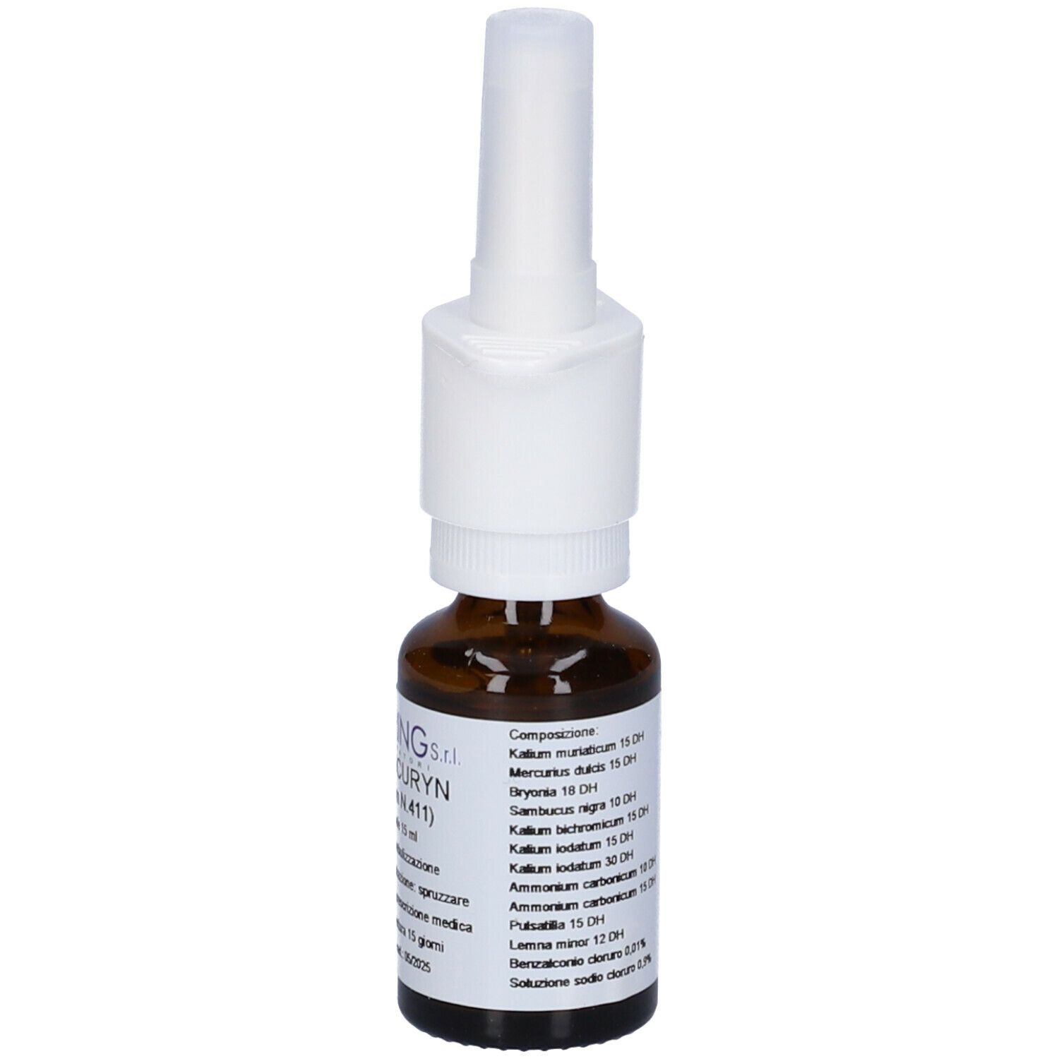 Flacone di vetro marrone con nebulizzatore bianco. Scritta: Composizione. Marchio: Hering.