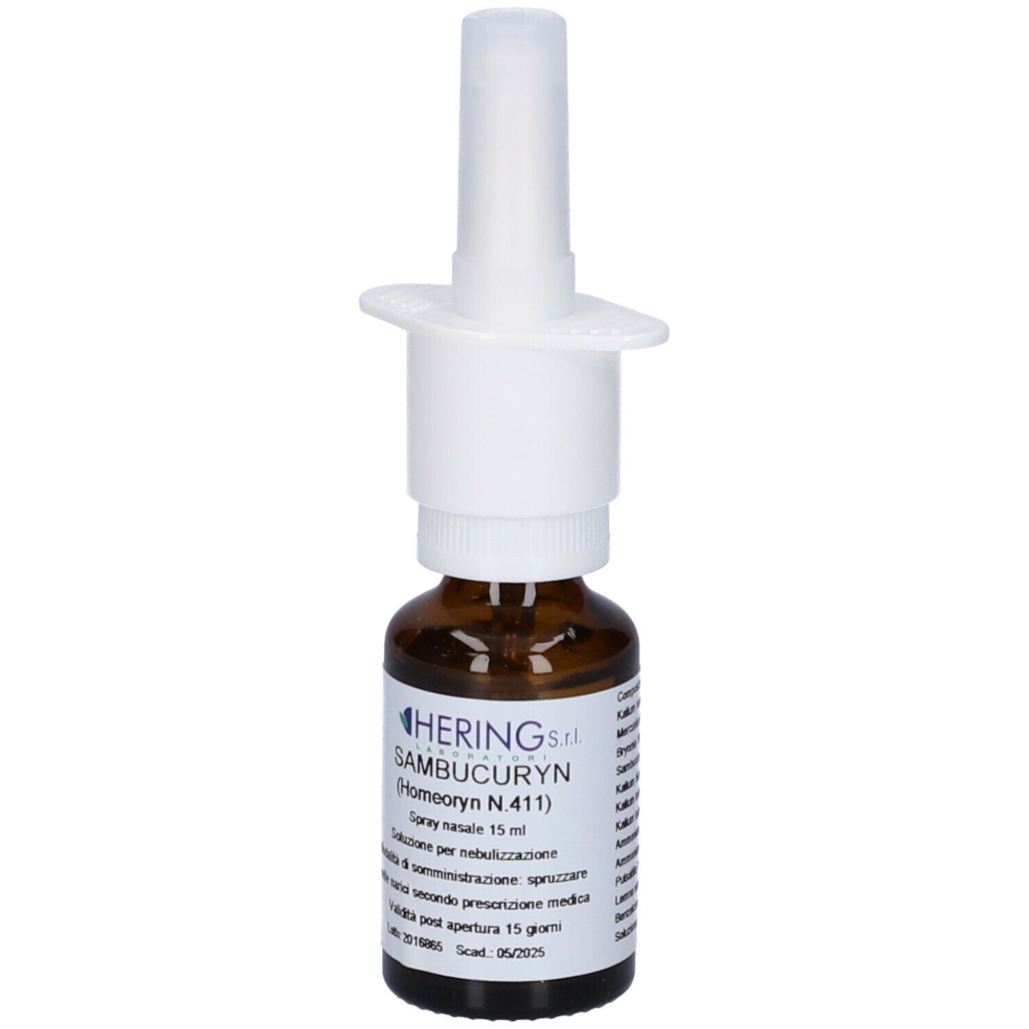 Flacone di vetro marrone con nebulizzatore bianco. Scritta: HERING S. SAMBUCURYN (Homeoryn N 411).