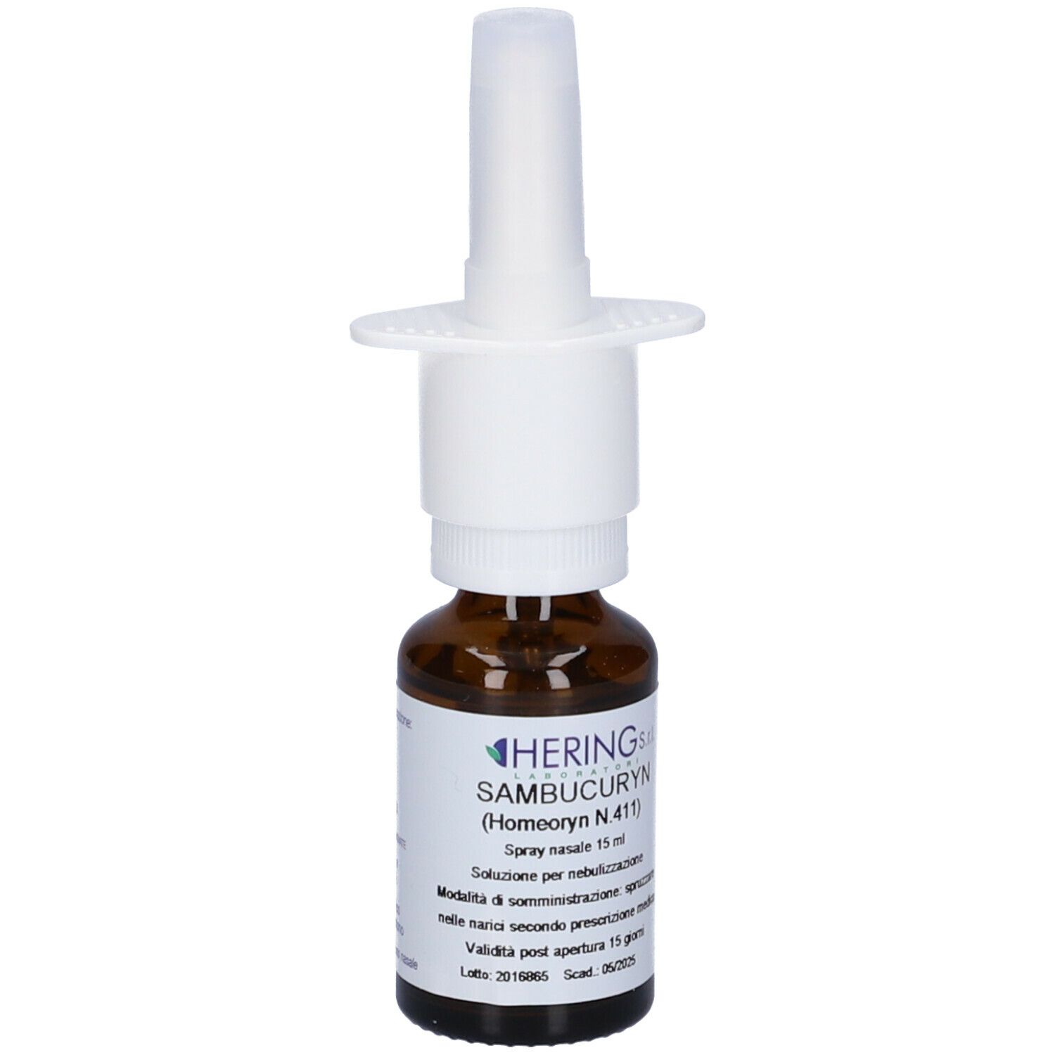 Flacone di vetro marrone con nebulizzatore bianco. Scritta: HERING S. SAMBUCURYN (Homeoryn N 411).