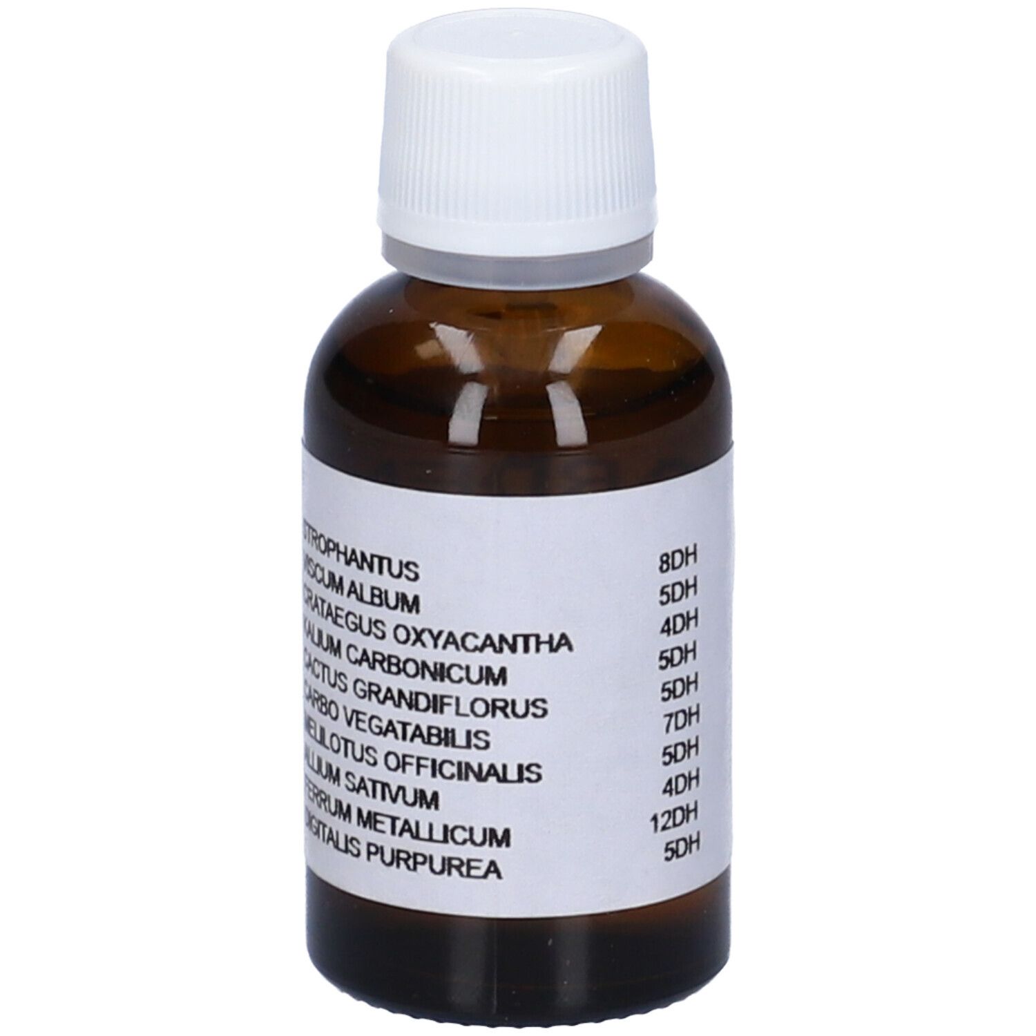 Flacone di vetro marrone con tappo bianco ed etichetta. Sull'etichetta sono indicati ingredienti e dosaggi.