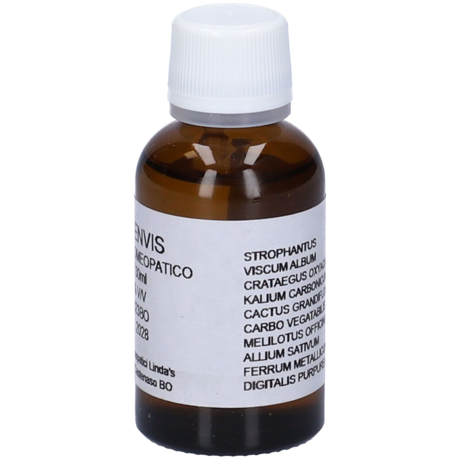 Flacone di vetro marrone con tappo bianco ed etichetta. Sull'etichetta sono indicati ingredienti e dosaggi.