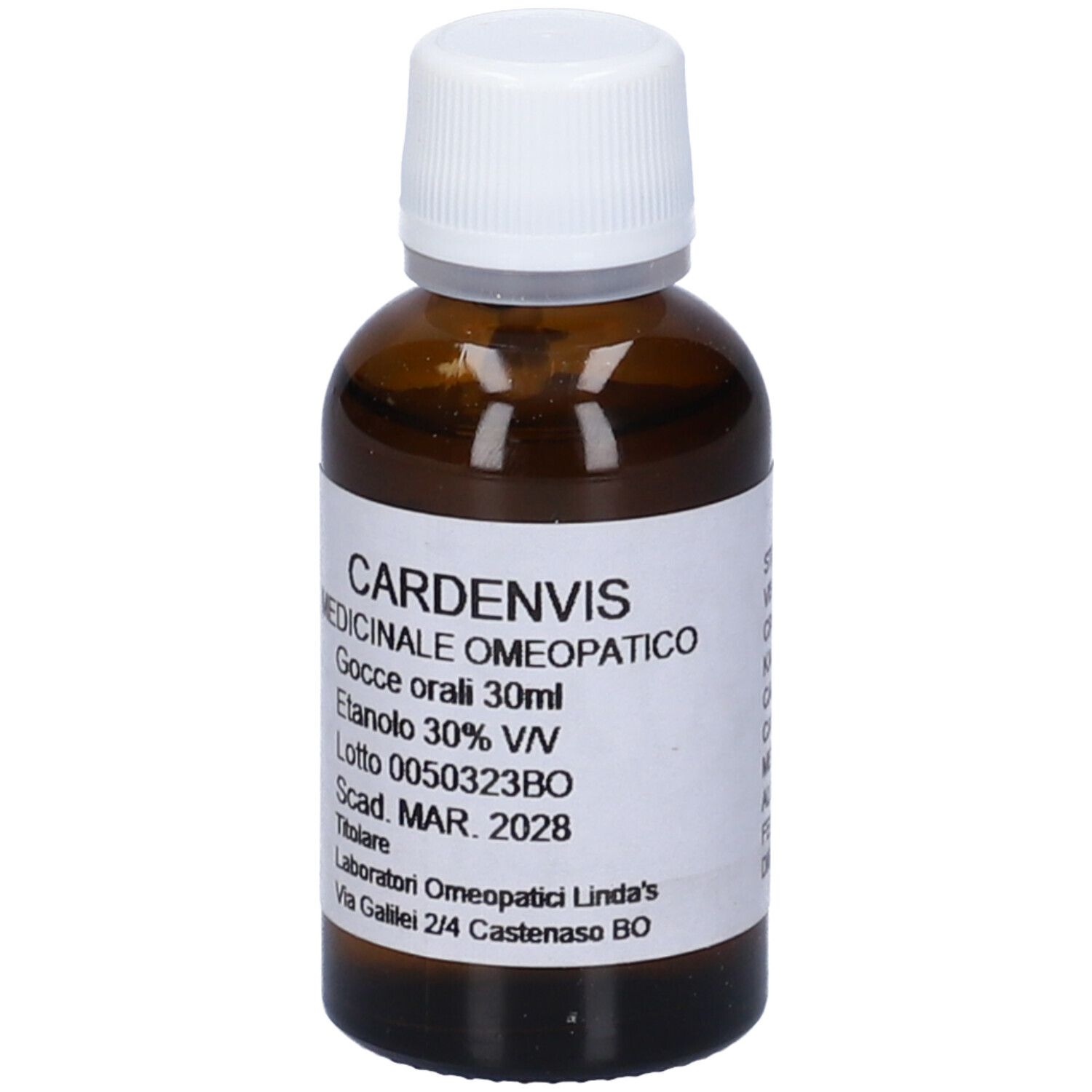 Flacone di vetro marrone con tappo bianco ed etichetta. Scritta: Cardenvis, Gocce orali 30ml, Etanolo 30% V/V.