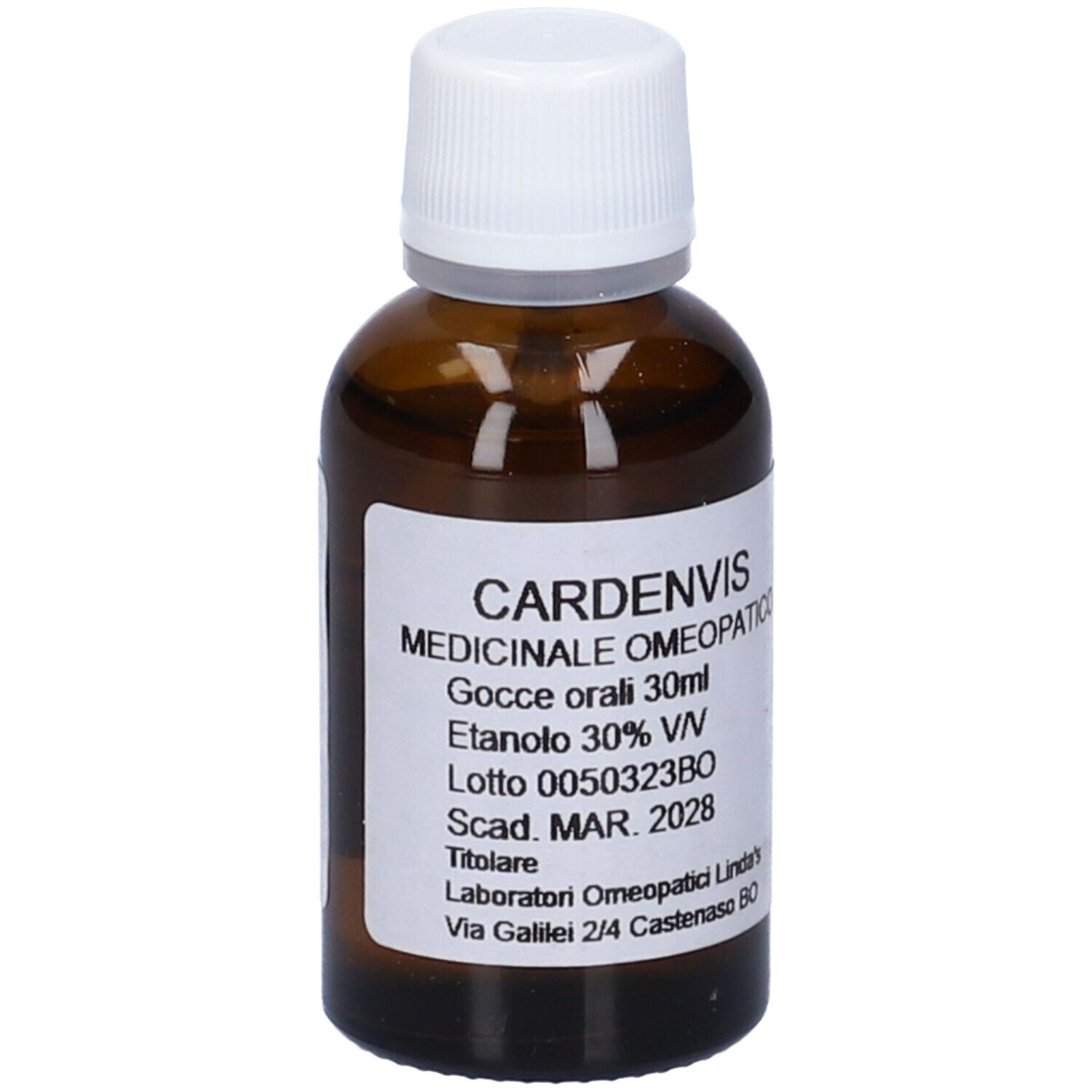 Flacone di vetro marrone con tappo bianco ed etichetta. Scritta: Cardenvis, Gocce orali 30ml, Etanolo 30% V/V.