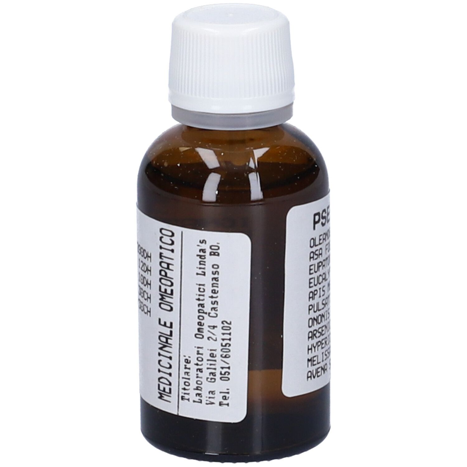 Flacone di vetro marrone con tappo bianco ed etichetta. Scritta: MEDICINALE OMEOPATICO, Laboratori Omeopatici Linda's.
