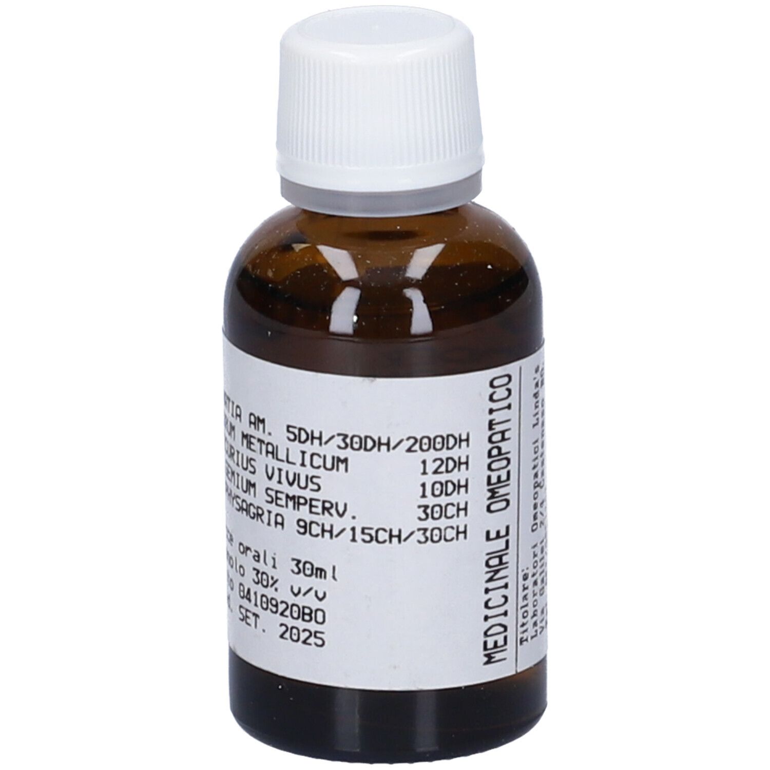 Flacone di vetro marrone con tappo bianco ed etichetta. Scritte: MEDICINALE OMEOPATICO, ingredienti e dosaggi.