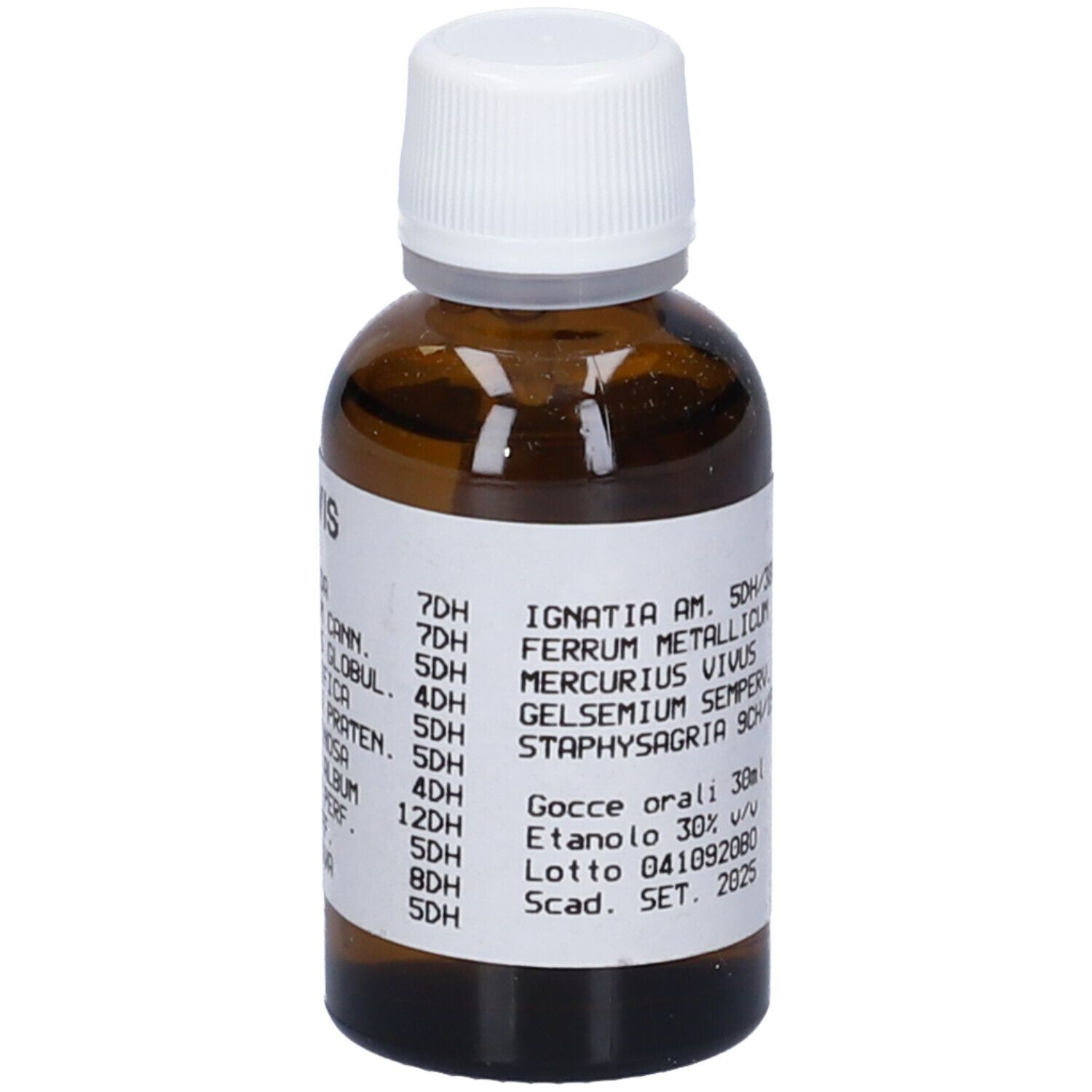 Flacone di vetro marrone con tappo bianco ed etichetta. Scritte: ingredienti, dosaggi, Gocce orali 30ml.