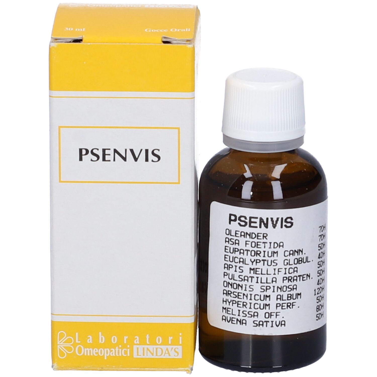 Flacone di vetro marrone con tappo bianco e scatola gialla. Scritte: PSENVIS, Laboratori Omeopatici Linda's.
