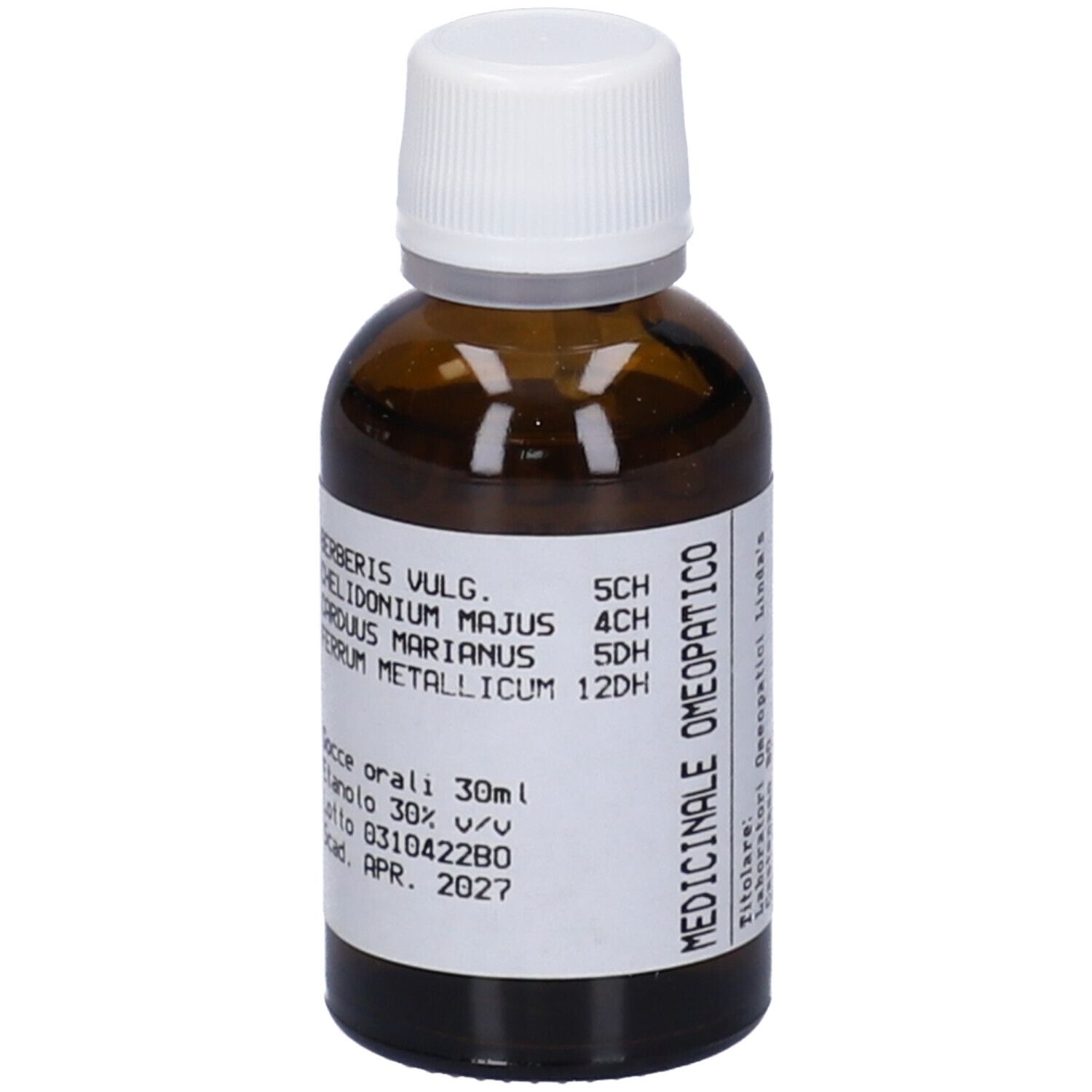 Flacone di vetro marrone con tappo bianco. Etichetta con ingredienti e dosaggio. Liquido.