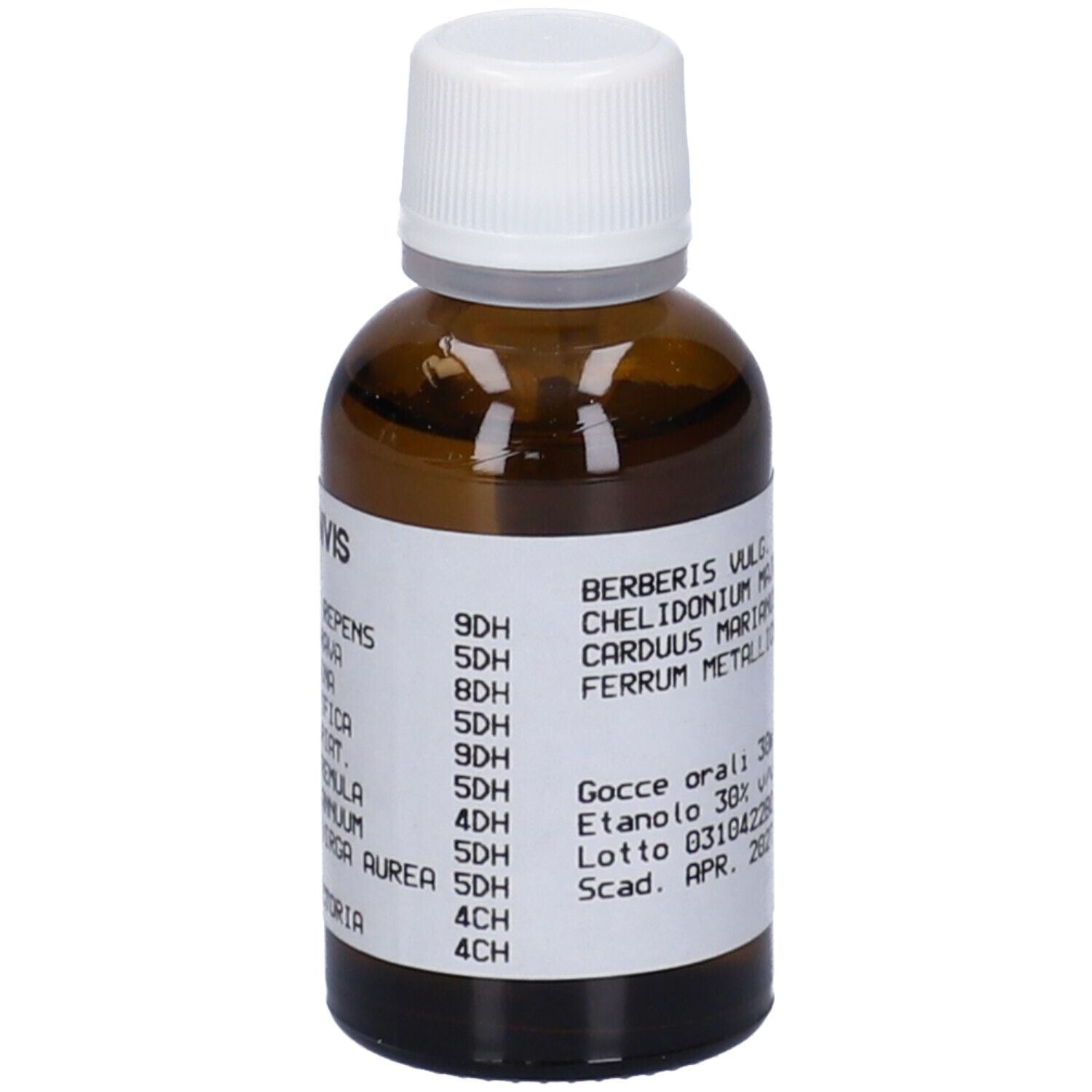 Flacone di vetro marrone con tappo bianco. Etichetta con ingredienti e dosaggio. Liquido.