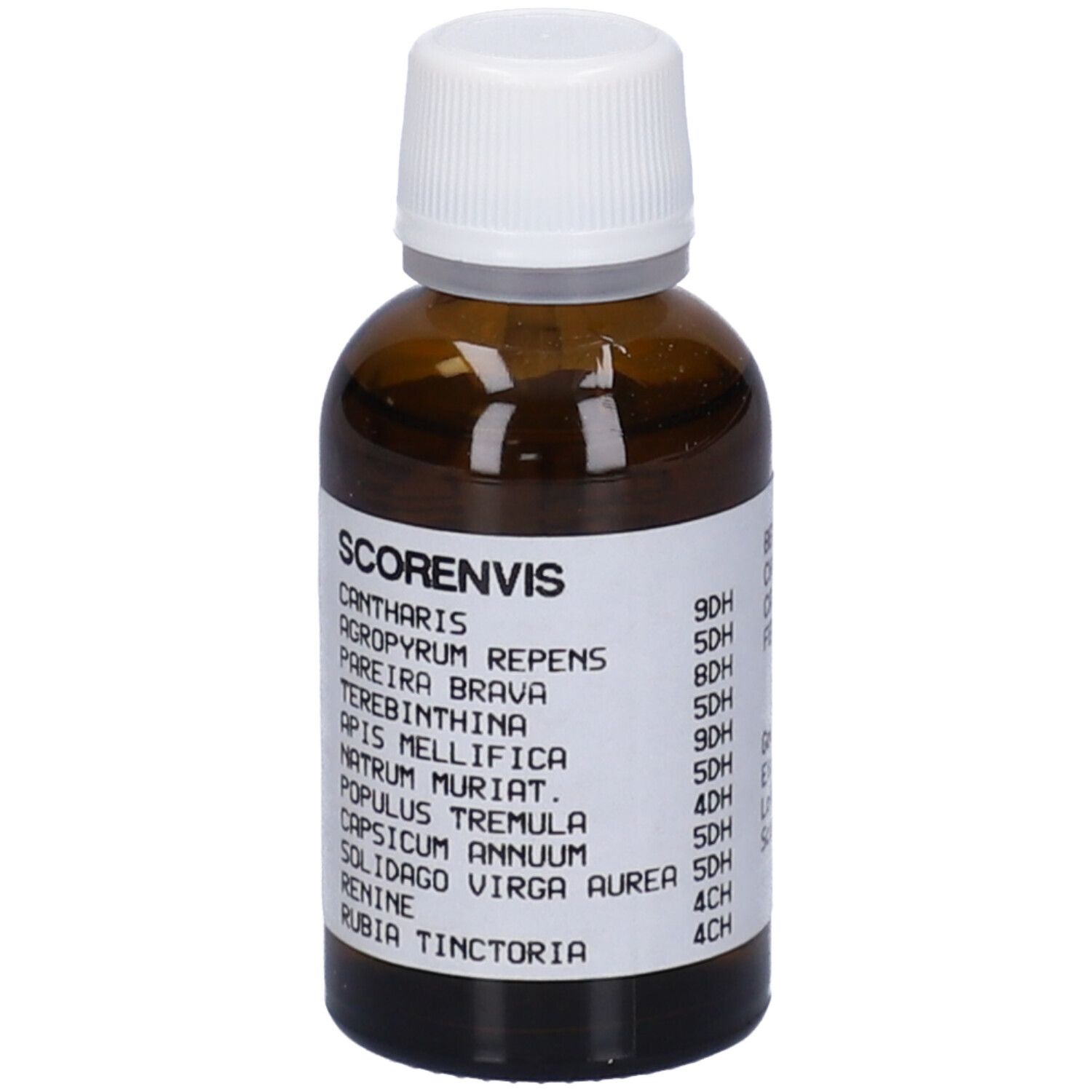 Flacone di vetro marrone con tappo bianco. Etichetta con ingredienti e dosaggio. Liquido.