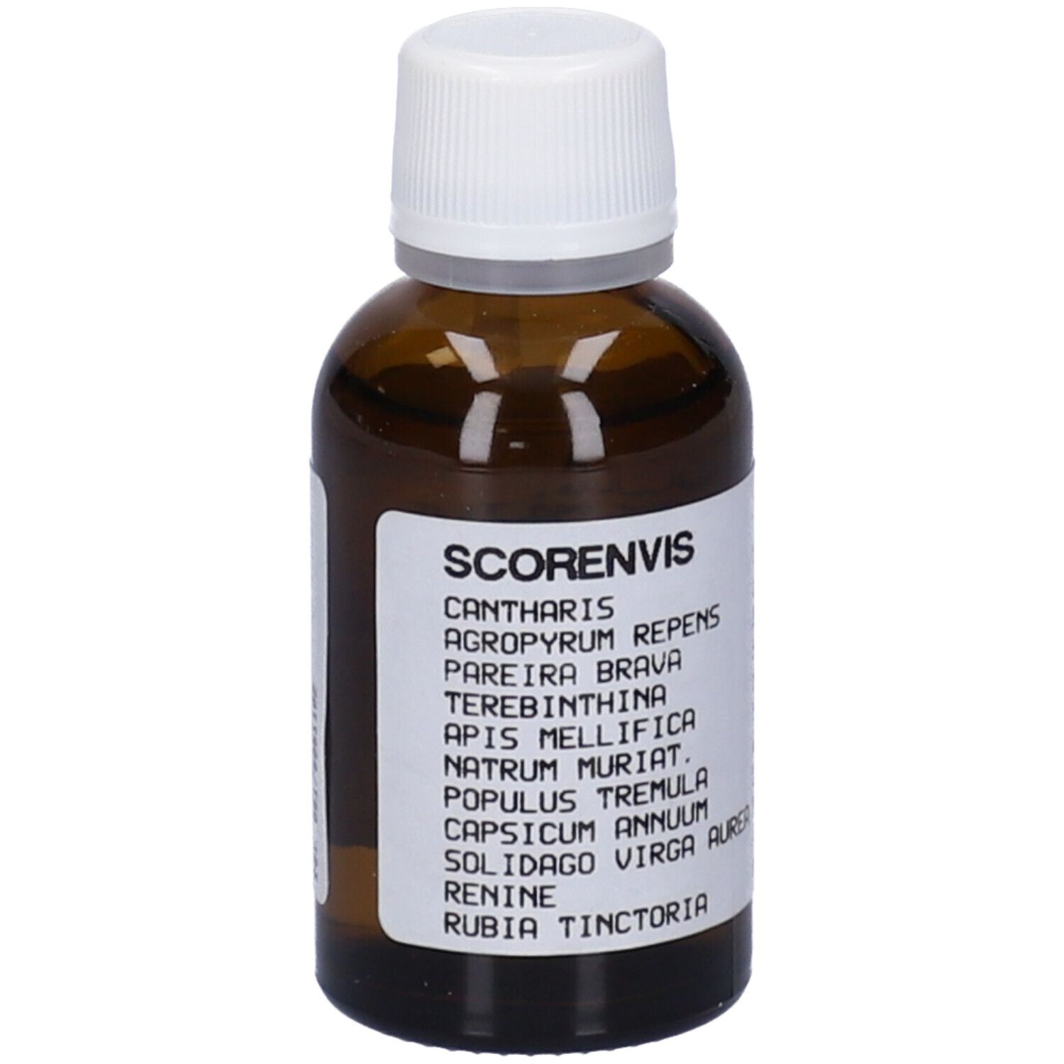 Flacone di vetro marrone con tappo bianco. Etichetta con ingredienti e dosaggio. Liquido.