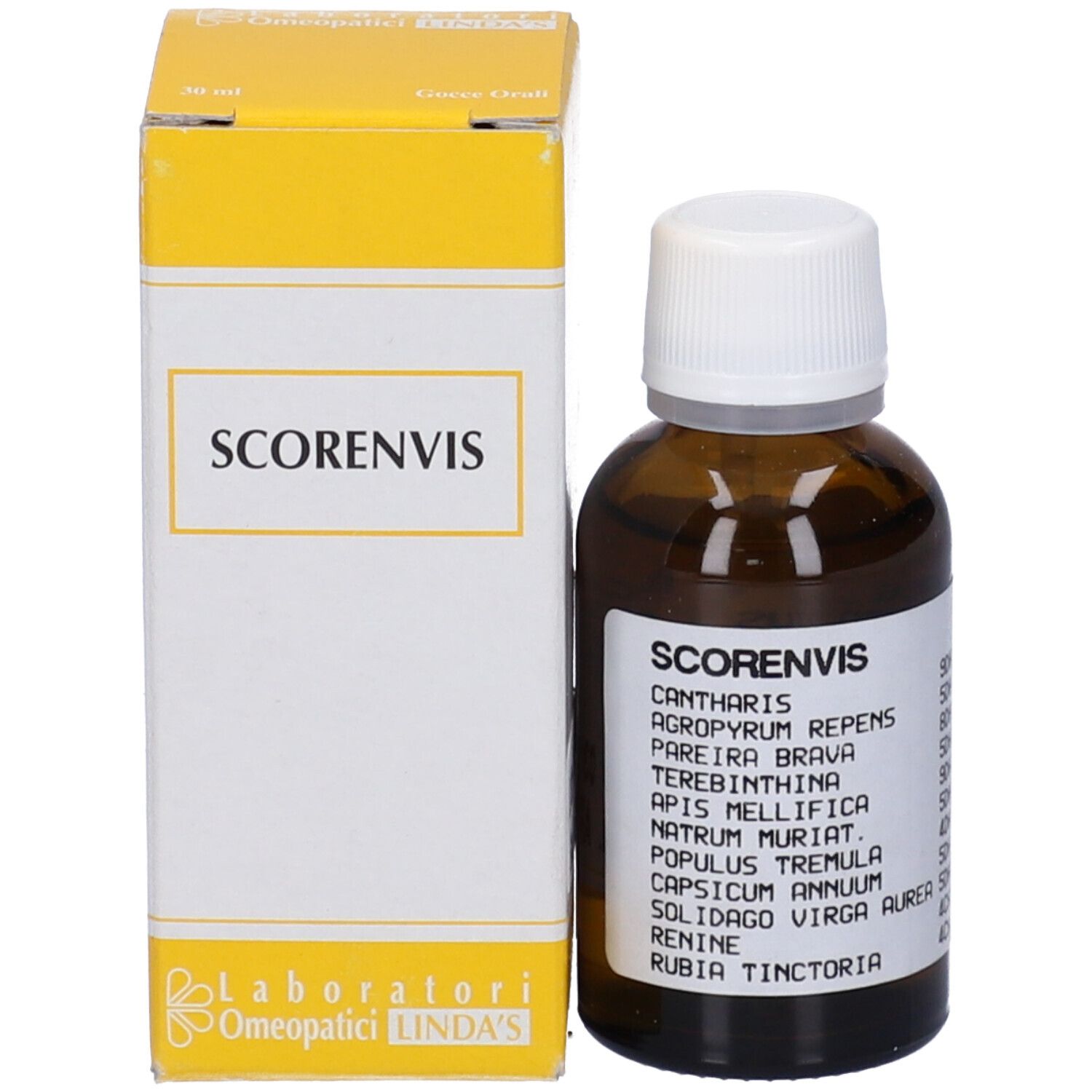 Flacone di vetro marrone con tappo bianco e confezione gialla. Etichetta con ingredienti. Liquido.