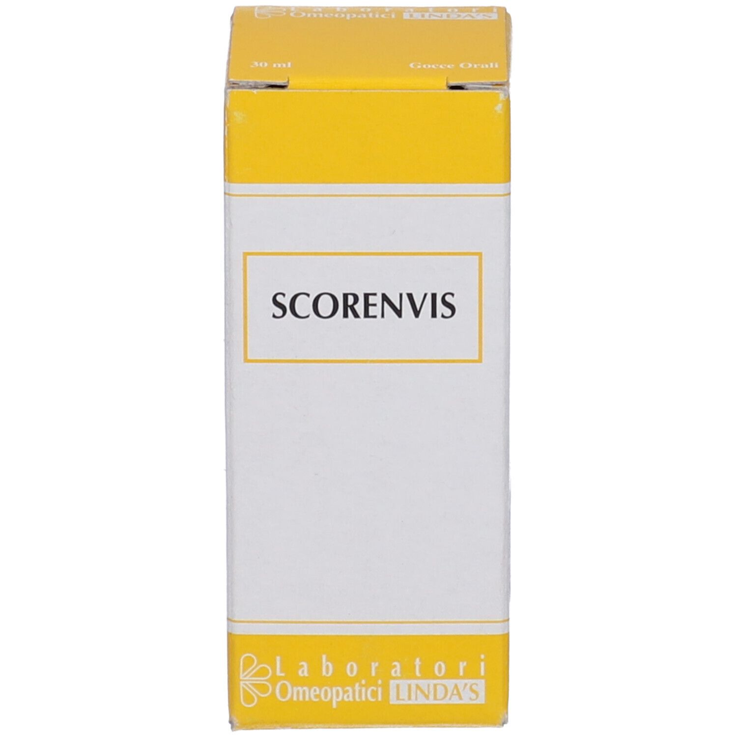 Confezione rettangolare gialla. Nome del prodotto e logo del produttore. Testo.