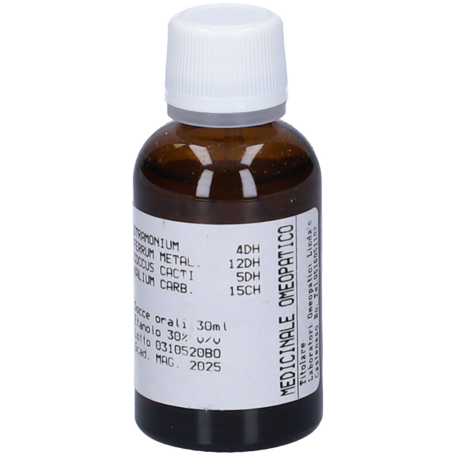 Flacone di vetro marrone con tappo bianco ed etichetta. L'etichetta riporta "MEDICINALE OMEOPATICO", "Gocce orali 30ml" e data di scadenza.