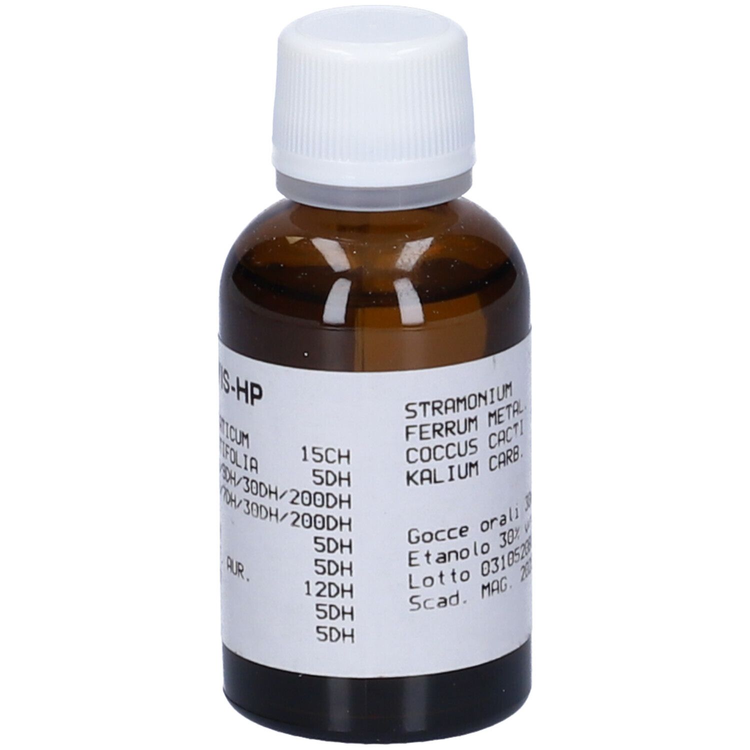 Flacone di vetro marrone con tappo bianco ed etichetta. L'etichetta riporta "Gocce orali 30ml" e data di scadenza.