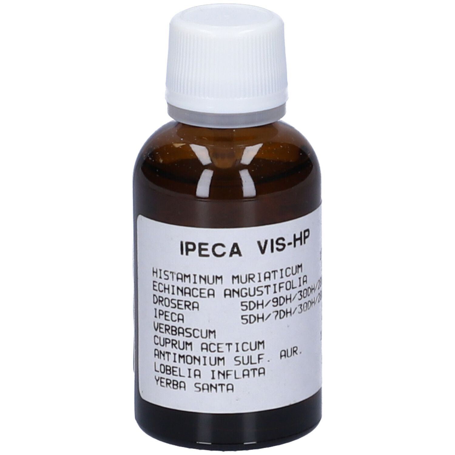 Flacone di vetro marrone con tappo bianco ed etichetta. L'etichetta riporta "IPEC VIS-HP" e un elenco di ingredienti.