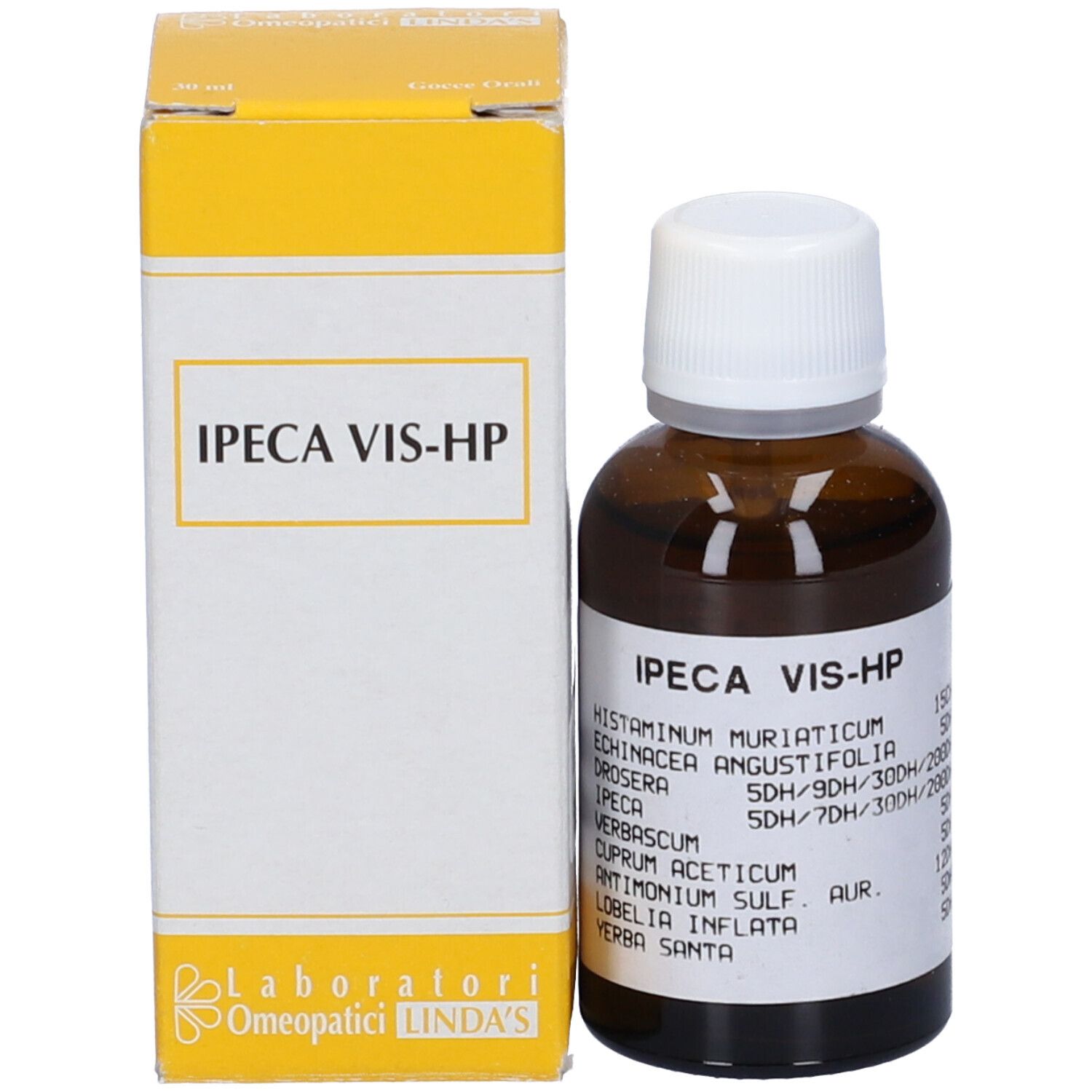 Confezione del prodotto con flacone e scatola. Sulla scatola è scritto "IPEC VIS-HP" e un logo.