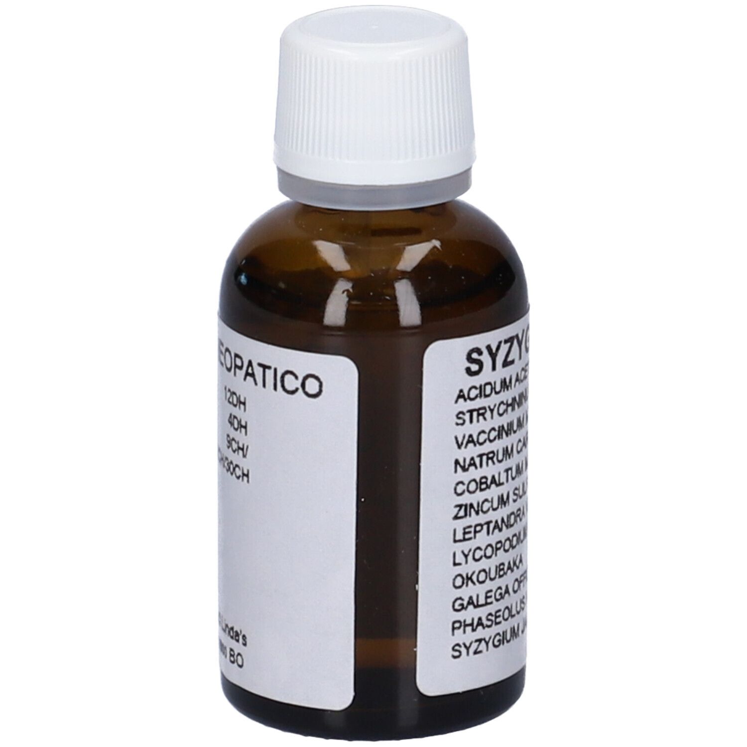 Flacone di vetro marrone con tappo bianco. Etichetta con nome del prodotto e ingredienti. Syzygium Vis-HP Gocce.