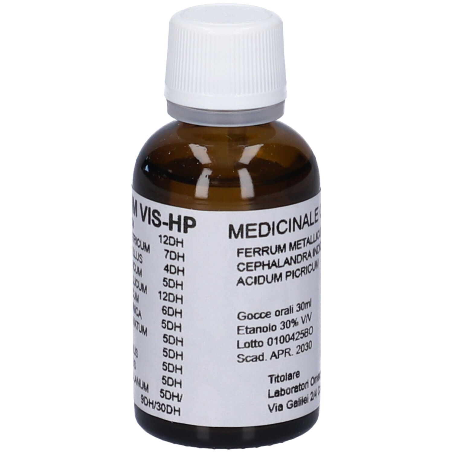 Flacone di vetro marrone con tappo bianco. Etichetta con nome del prodotto e ingredienti. Syzygium Vis-HP Gocce.