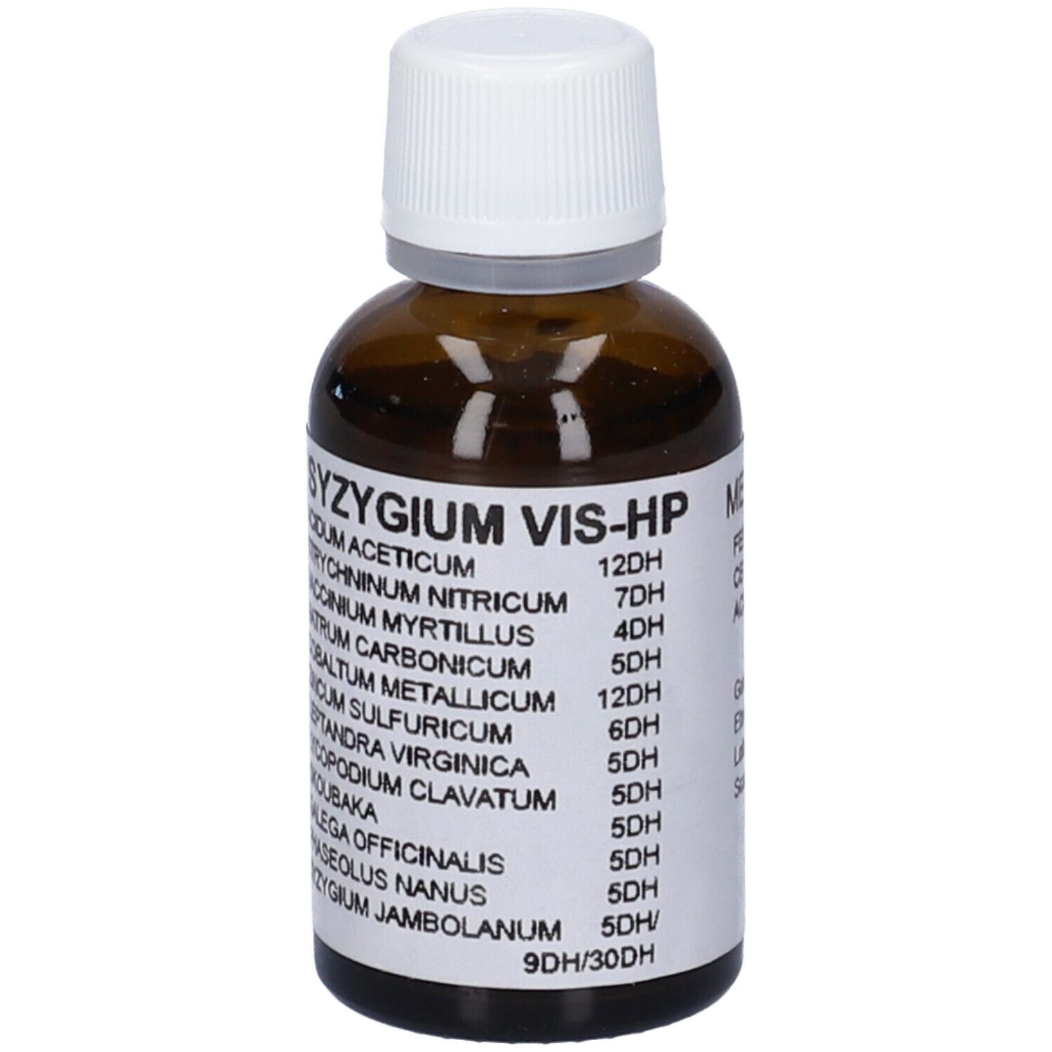 Flacone di vetro marrone con tappo bianco. Etichetta con nome del prodotto e ingredienti. Syzygium Vis-HP Gocce.