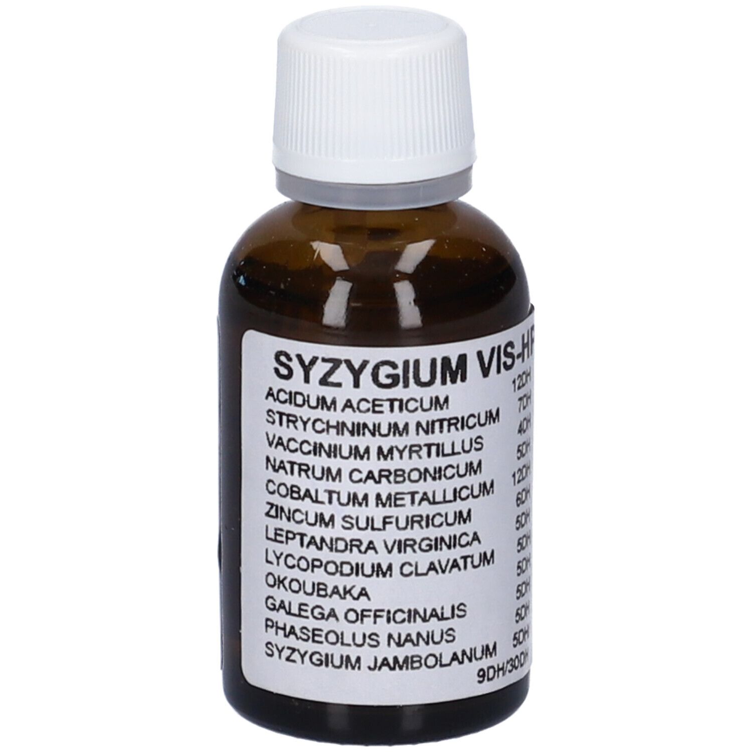 Flacone di vetro marrone con tappo bianco. Etichetta con nome del prodotto e ingredienti. Syzygium Vis-HP Gocce.