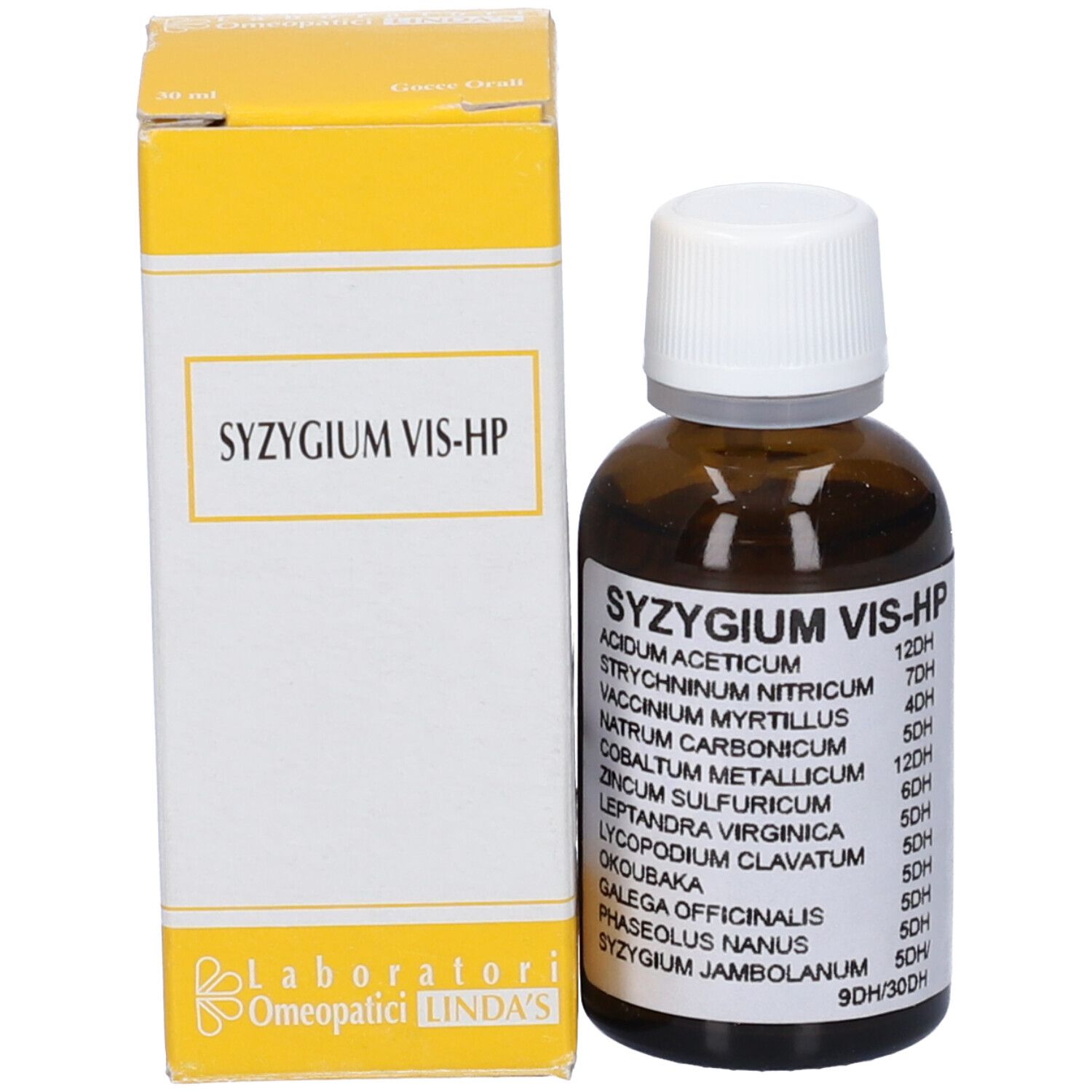 Flacone di vetro marrone con tappo bianco e scatola gialla. Nome del prodotto e ingredienti visibili. Syzygium Vis-HP Gocce.