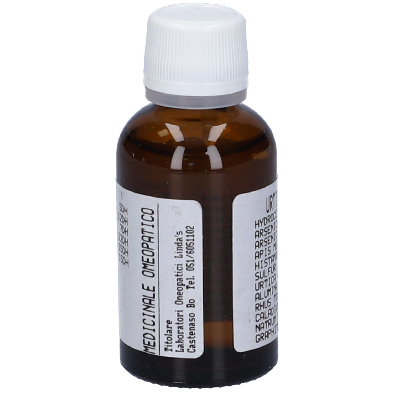 Flacone di vetro marrone con tappo bianco ed etichetta. Scritte: Urtica Vis-HP, ingredienti, dosaggio.