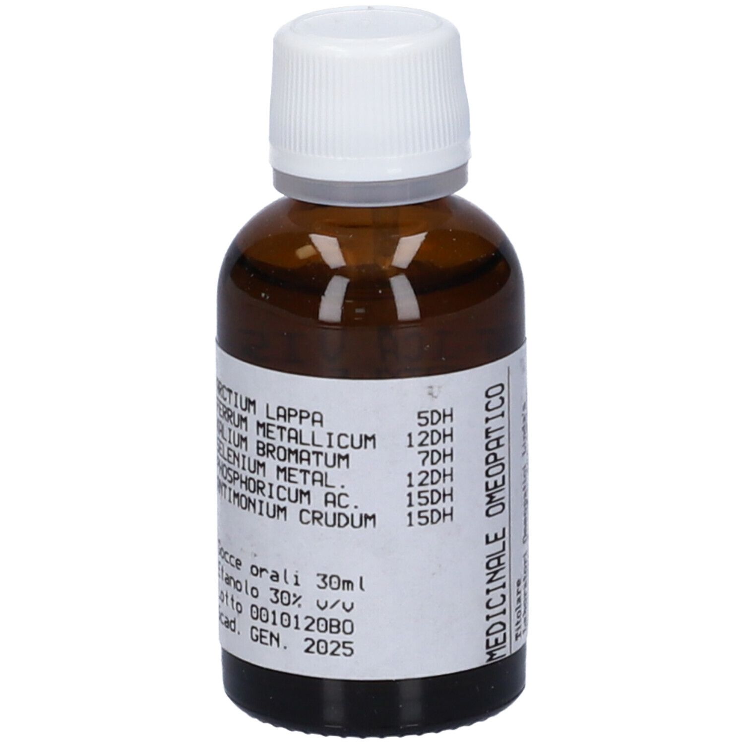 Flacone di vetro marrone con tappo bianco ed etichetta. Scritte: ingredienti, dosaggio, 'Medicinale Omeopatico'.