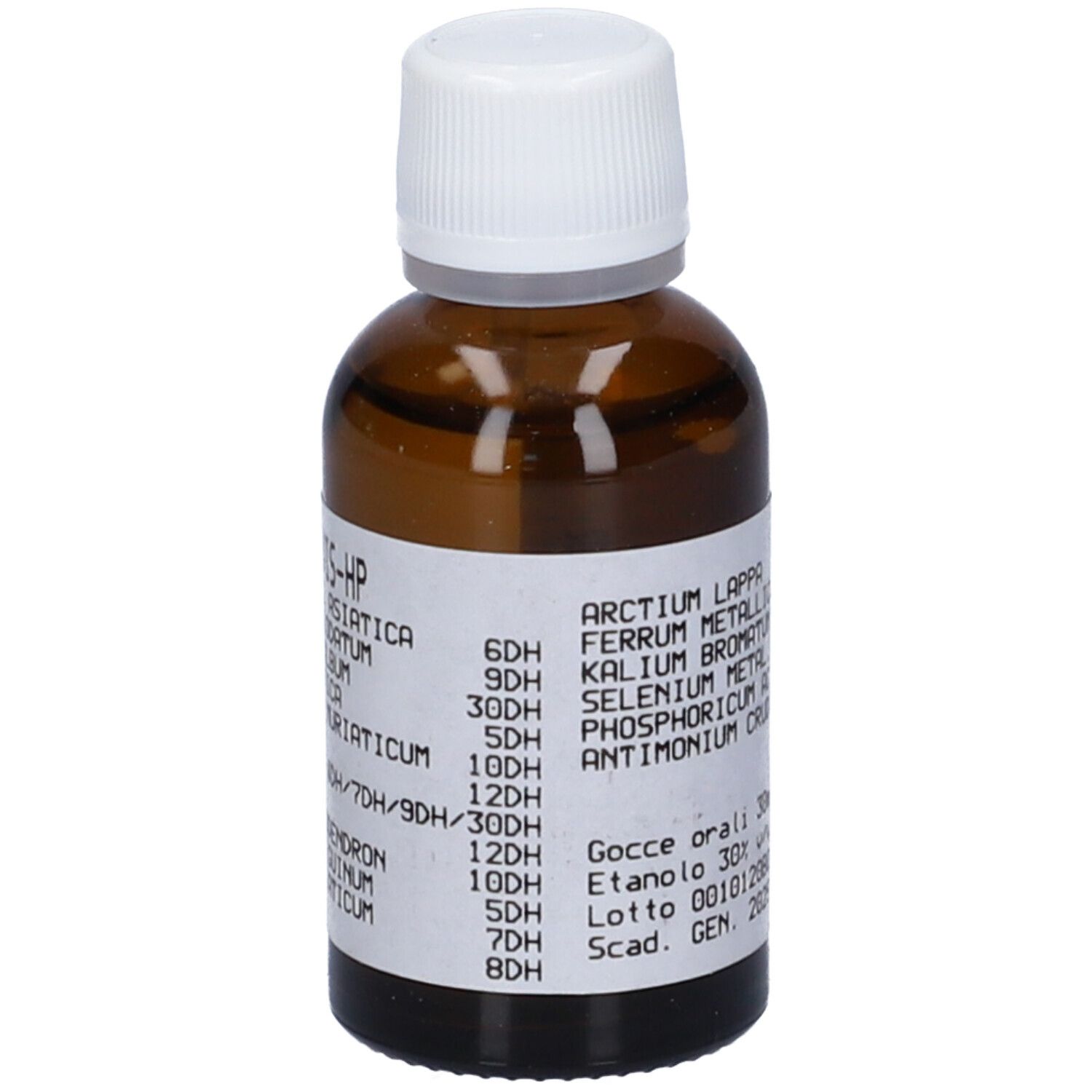 Flacone di vetro marrone con tappo bianco ed etichetta. Scritte: ingredienti, dosaggio, 'Medicinale Omeopatico'.