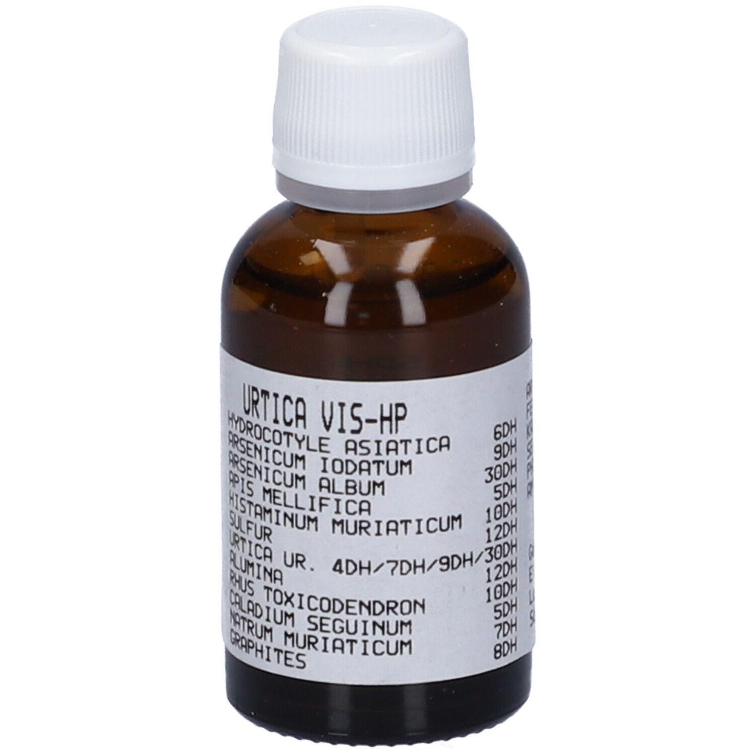 Flacone di vetro marrone con tappo bianco ed etichetta. Scritte: Urtica Vis-HP, ingredienti, dosaggio.