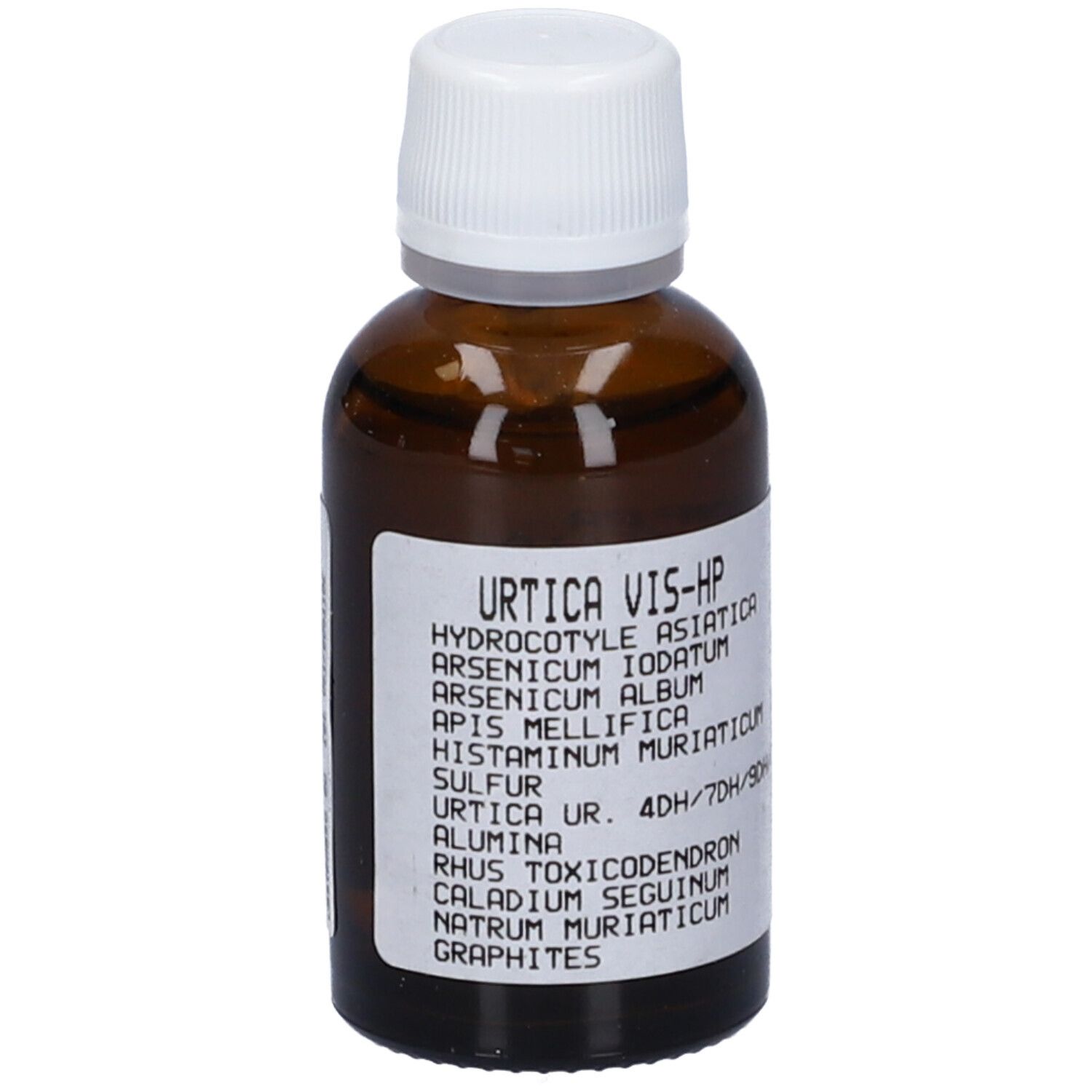Flacone di vetro marrone con tappo bianco ed etichetta. Scritte: Urtica Vis-HP, ingredienti, dosaggio.