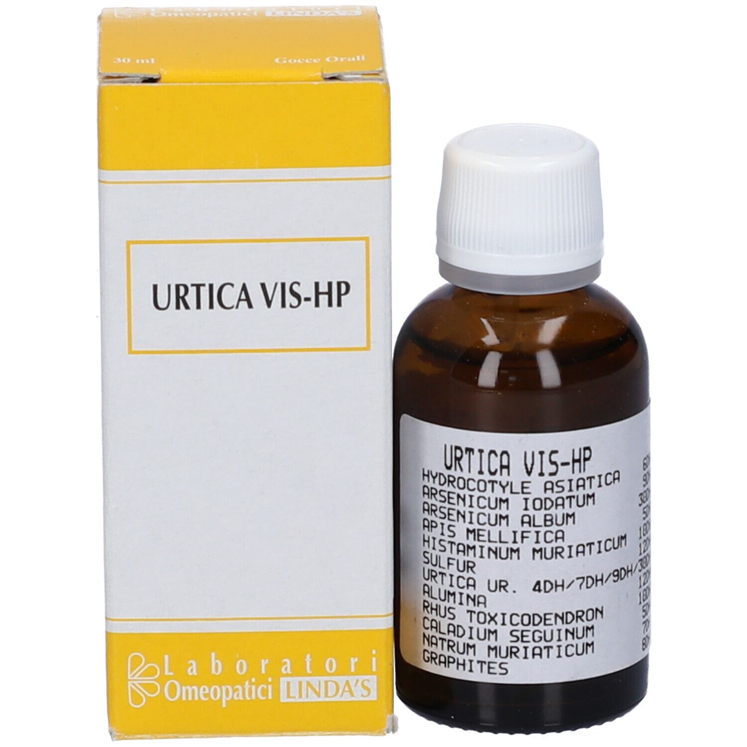 Flacone di vetro marrone con tappo bianco ed etichetta, accanto a scatola gialla. Scritte: Urtica Vis-HP, ingredienti.