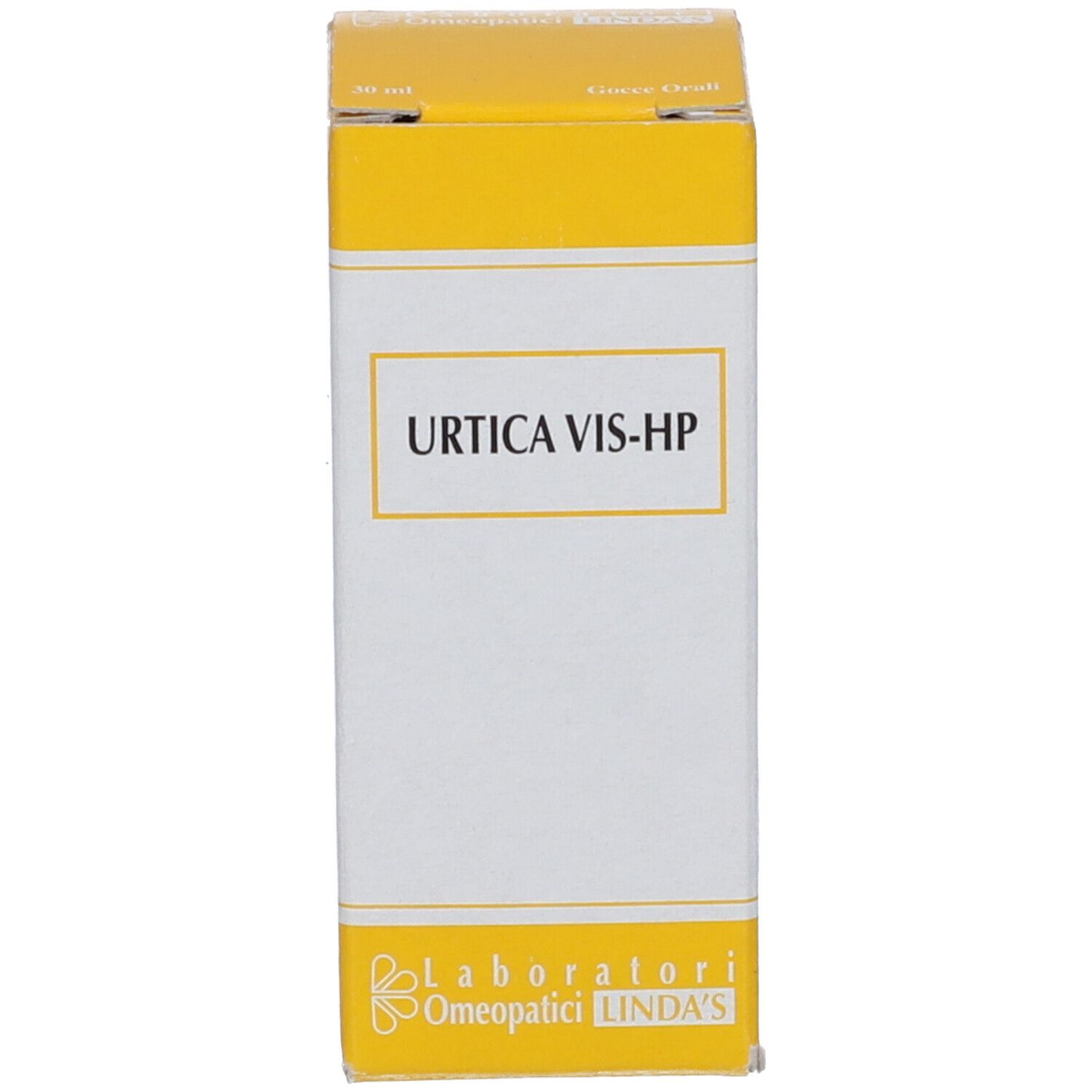 Scatola gialla con scritta bianca: Urtica Vis-HP. Logo: Laboratori Omeopatici Linda's.