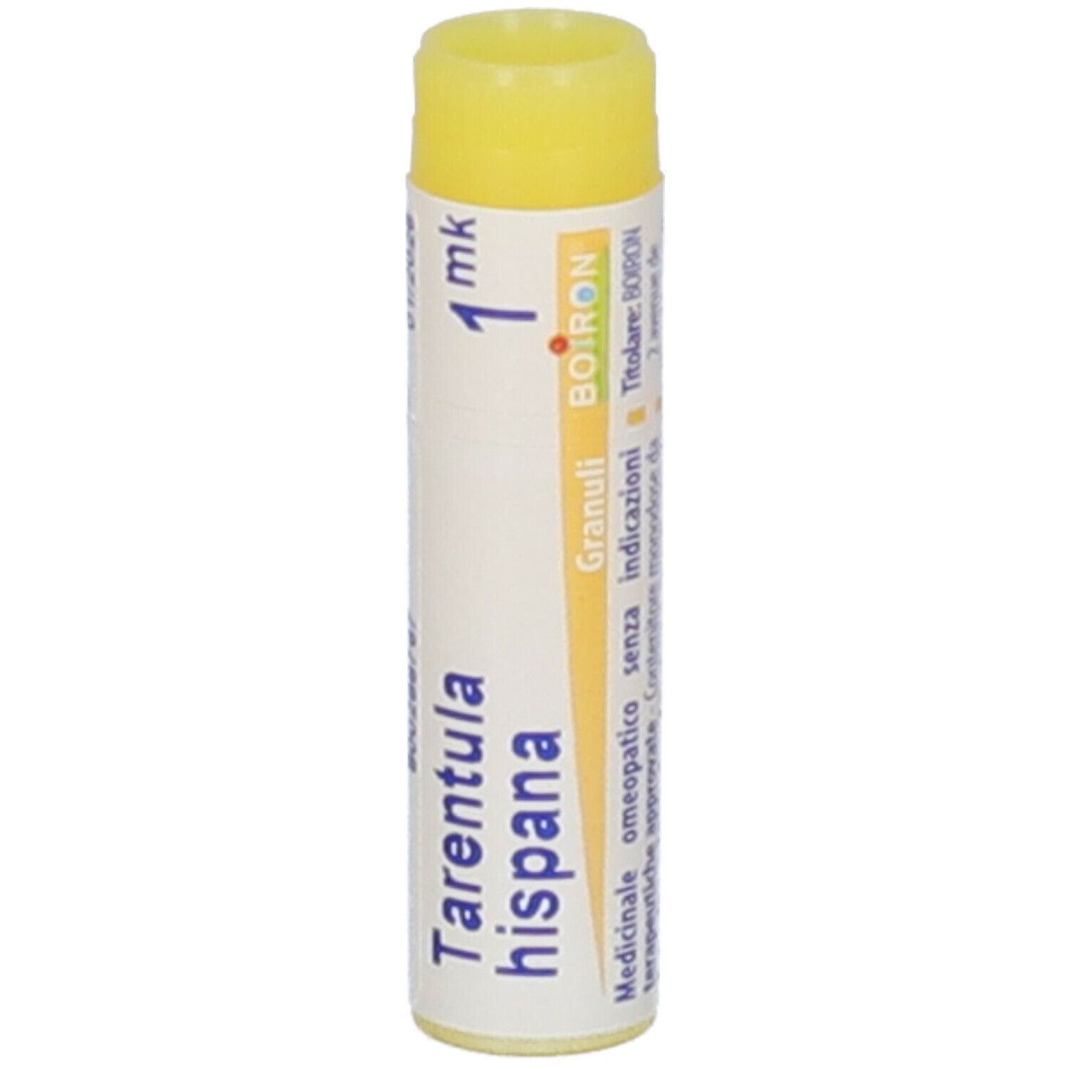 Tubo cilindrico di granuli, tappo giallo. Scritta: Tarentula hispana, 1 mk, Boiron, Granuli.