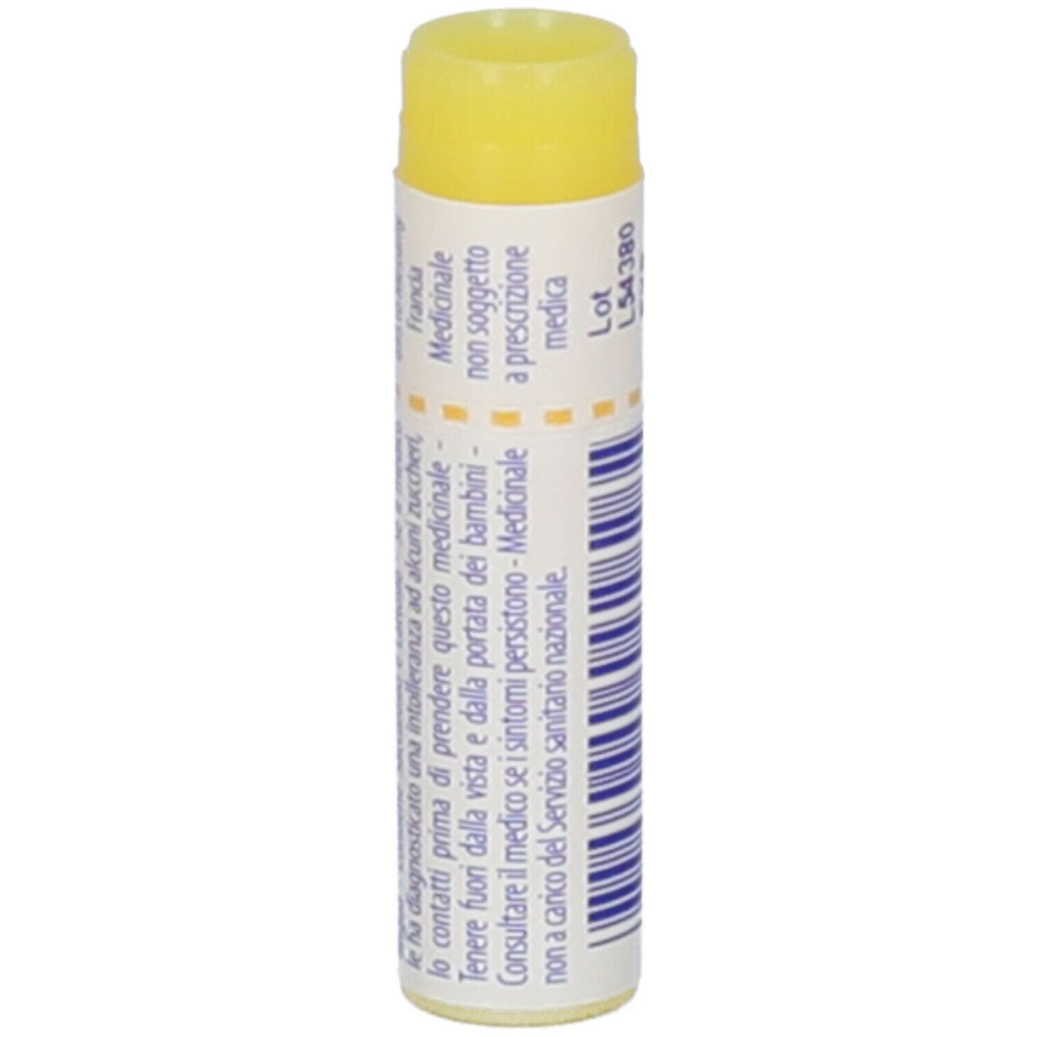Tubo cilindrico di granuli con tappo giallo. Scritta: Medicinale non soggetto a prescrizione medica.