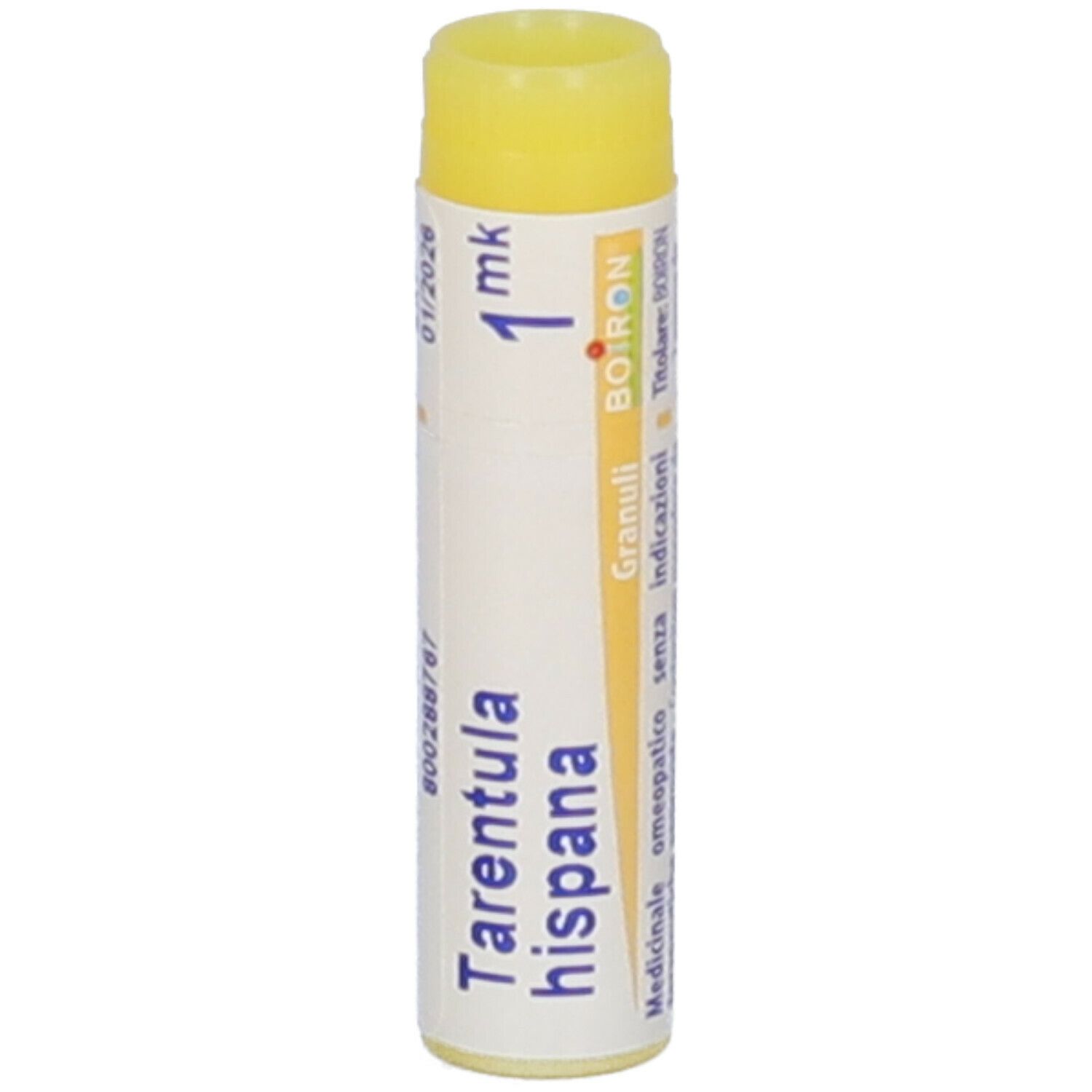 Tubo cilindrico di granuli con tappo giallo. Scritta: Tarentula hispana, 1 mk, Boiron, Granuli.