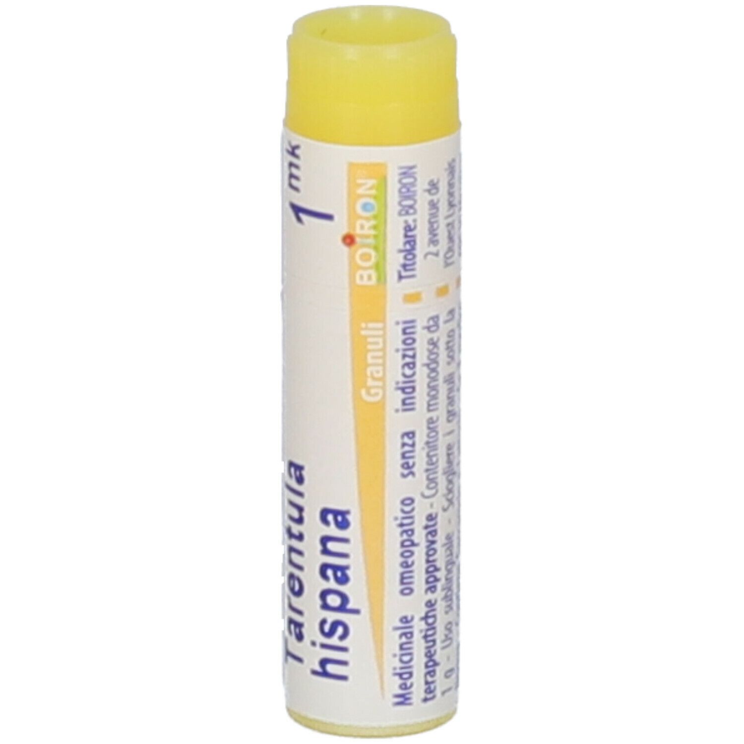 Tubo cilindrico di granuli con tappo giallo. Scritta: Tarentula hispana, 1 mk, Boiron, Granuli.