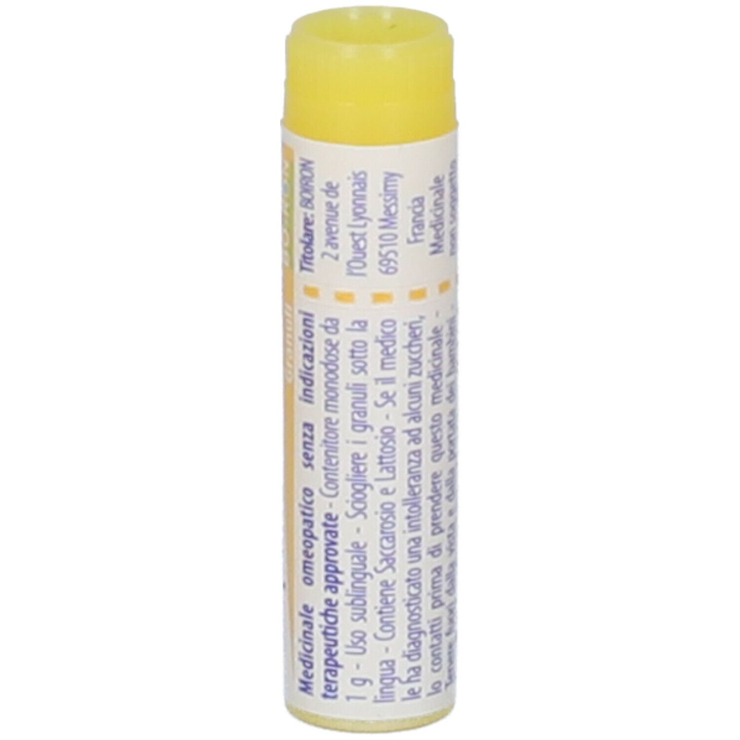 Tubo cilindrico di granuli con tappo giallo. Scritta: Medicinale, 1 g, Boiron, Francia.