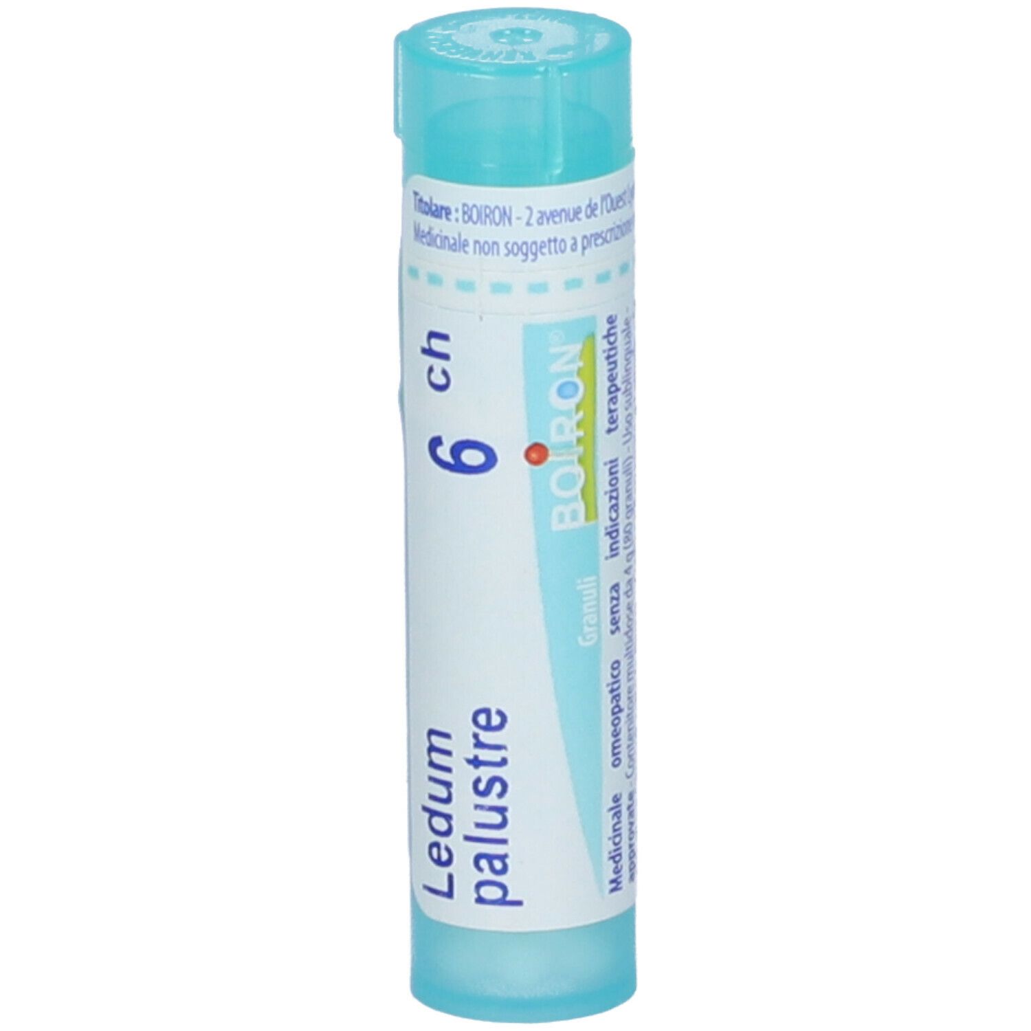 Confezione cilindrica con "Ledum palustre 6 ch". Marchio BOIRON.
