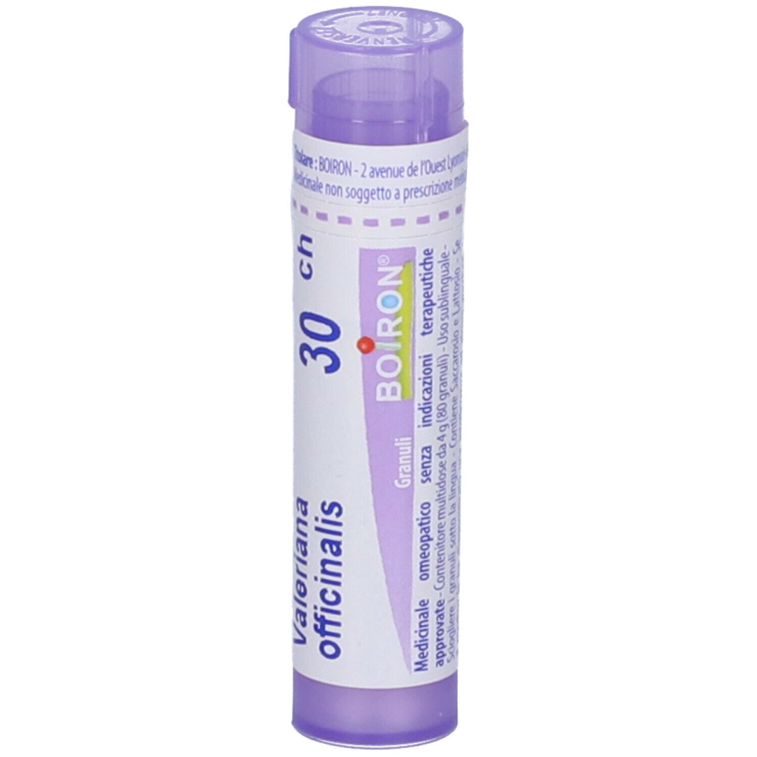 Confezione cilindrica con tappo viola. Scritta: Valeriana officinalis, 30 ch, BOIRON.
