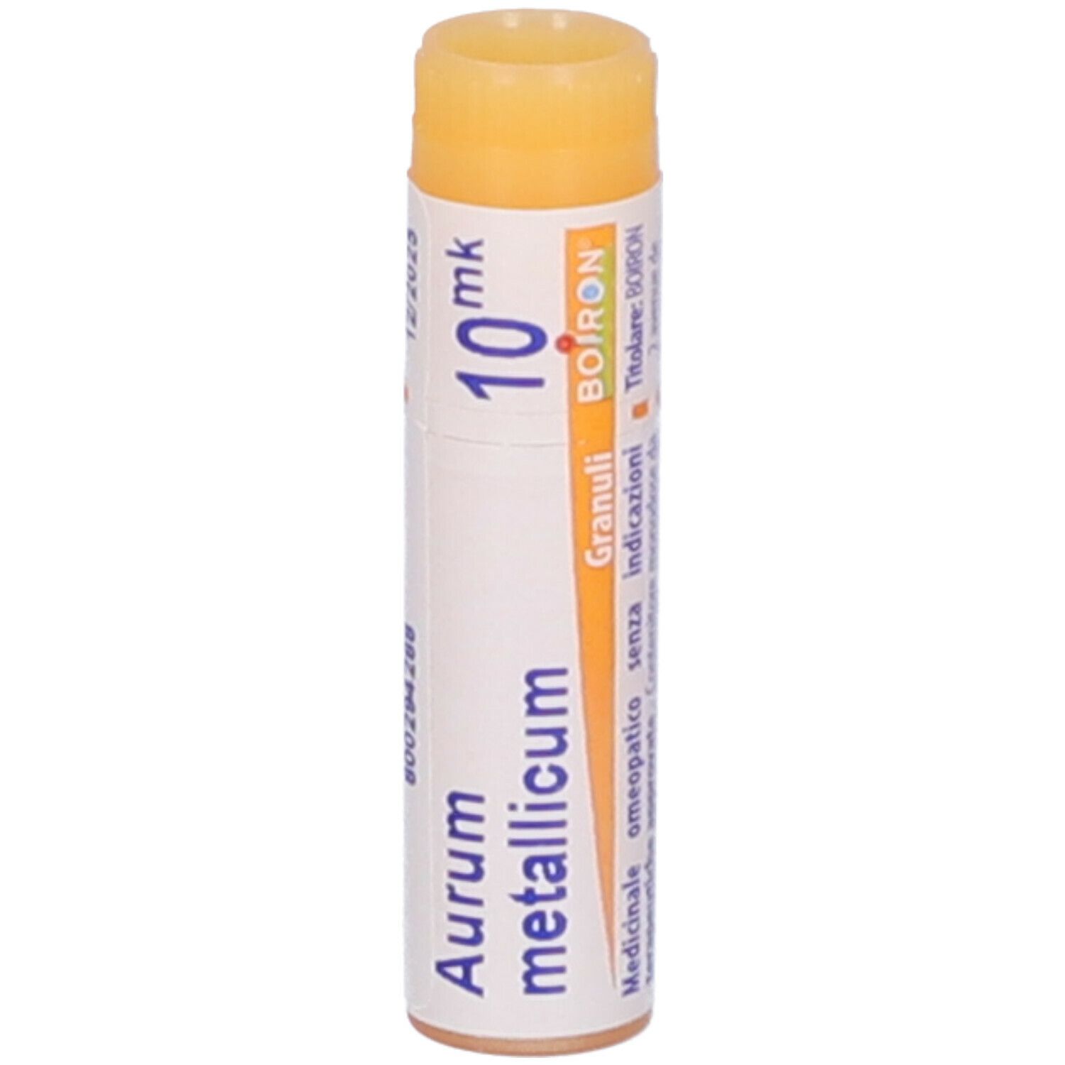 Confezione cilindrica con 'Aurum metallicum 10 mk' e logo 'Boiron'. Coperchio giallo.