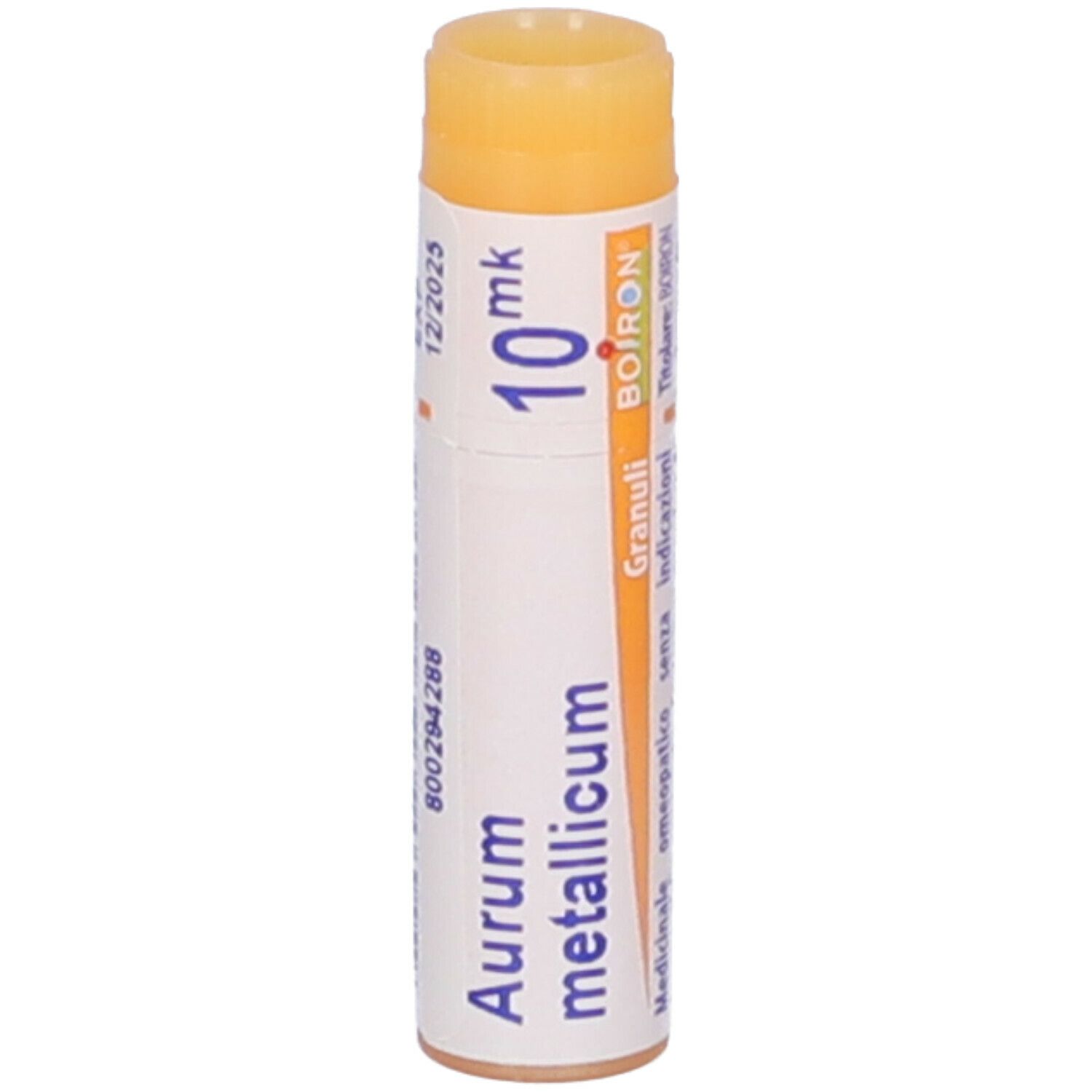Confezione cilindrica con 'Aurum metallicum 10 mk' e logo 'Boiron'. Scadenza 12/2025.