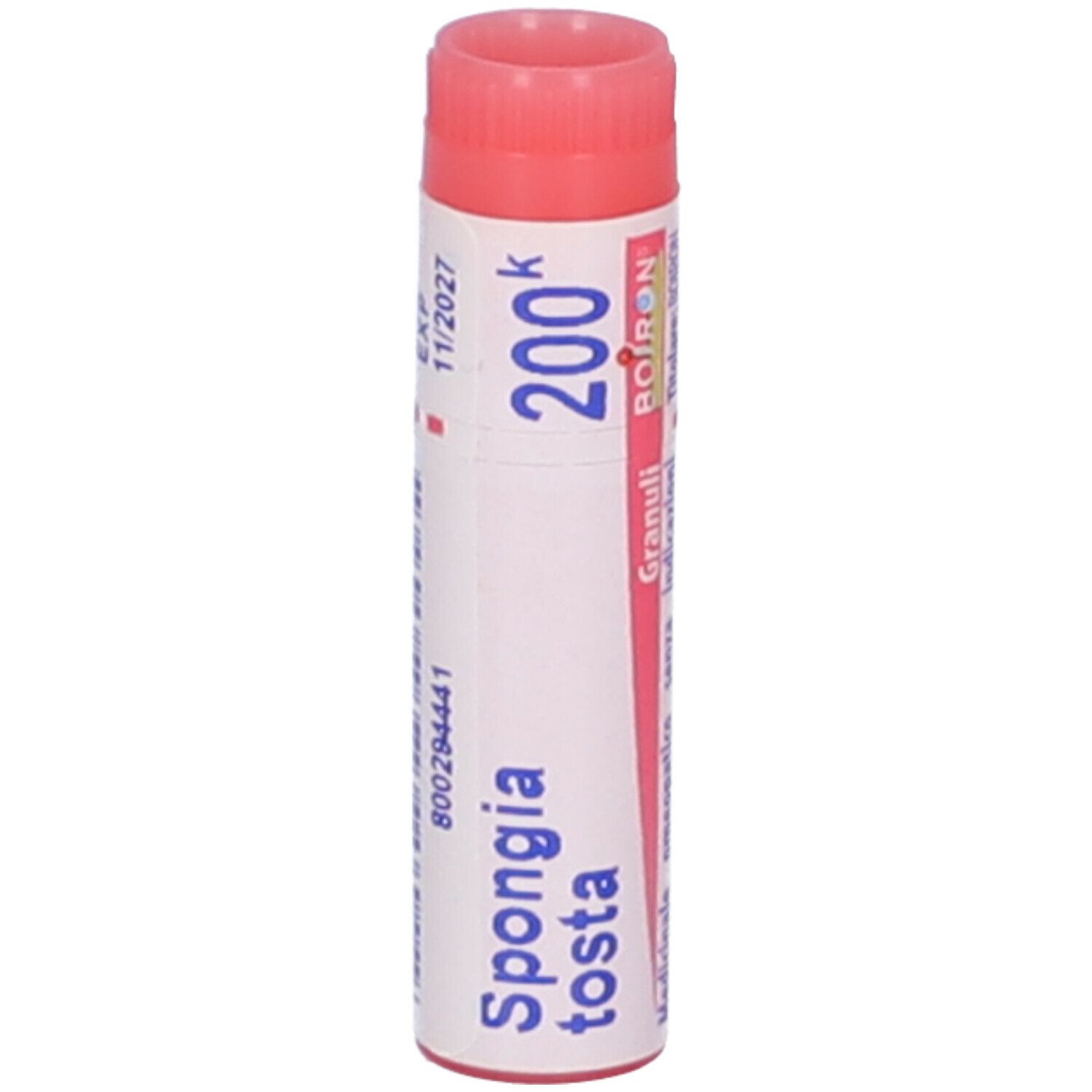 Confezione cilindrica con tappo rosso. Scritta: Spongia tosta 200k, EXP 11/2027, Boiron Granuli.