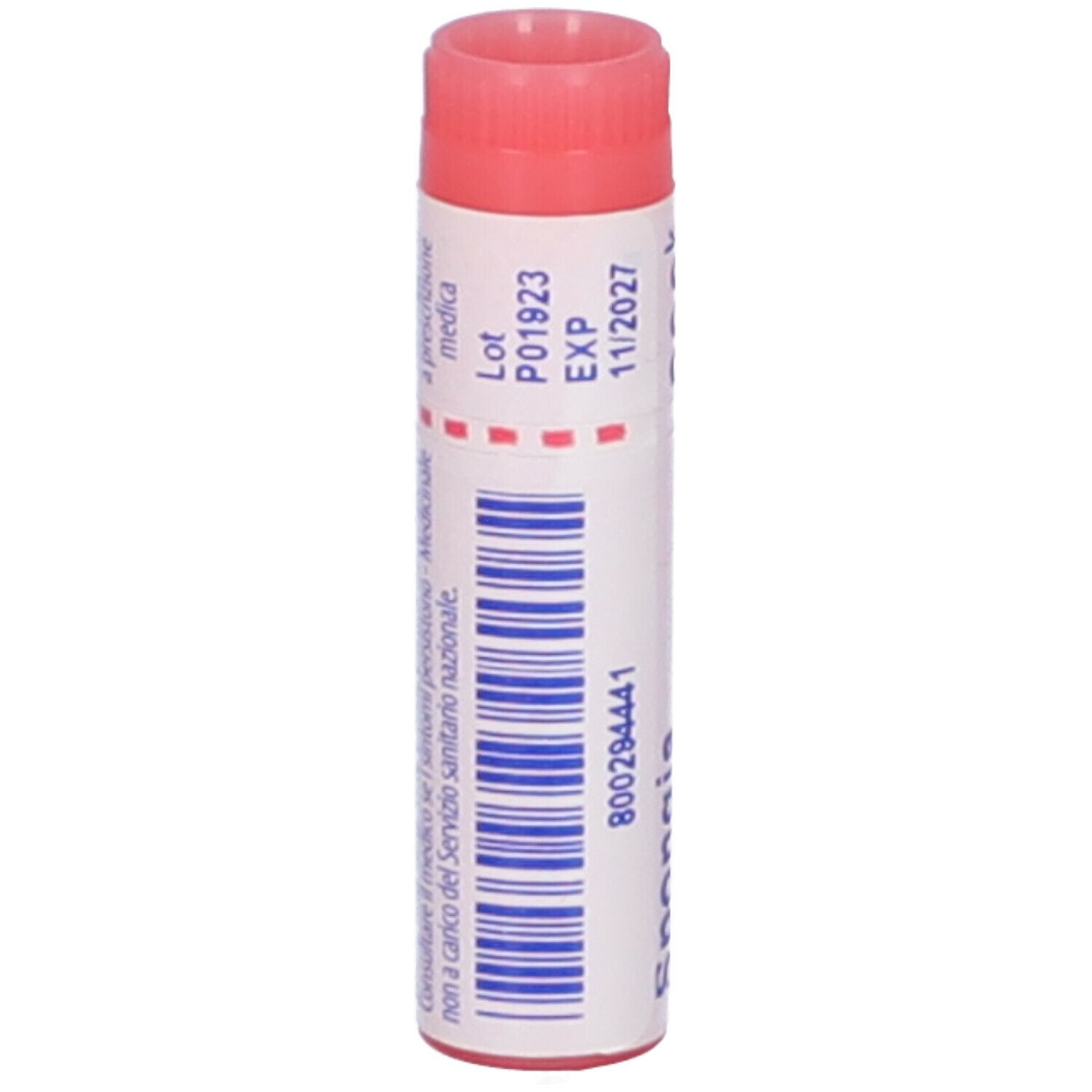 Confezione cilindrica con tappo rosso. Scritta: Spongia tosta, 200k, EXP 11/2027, Boiron Granuli, codice a barre.